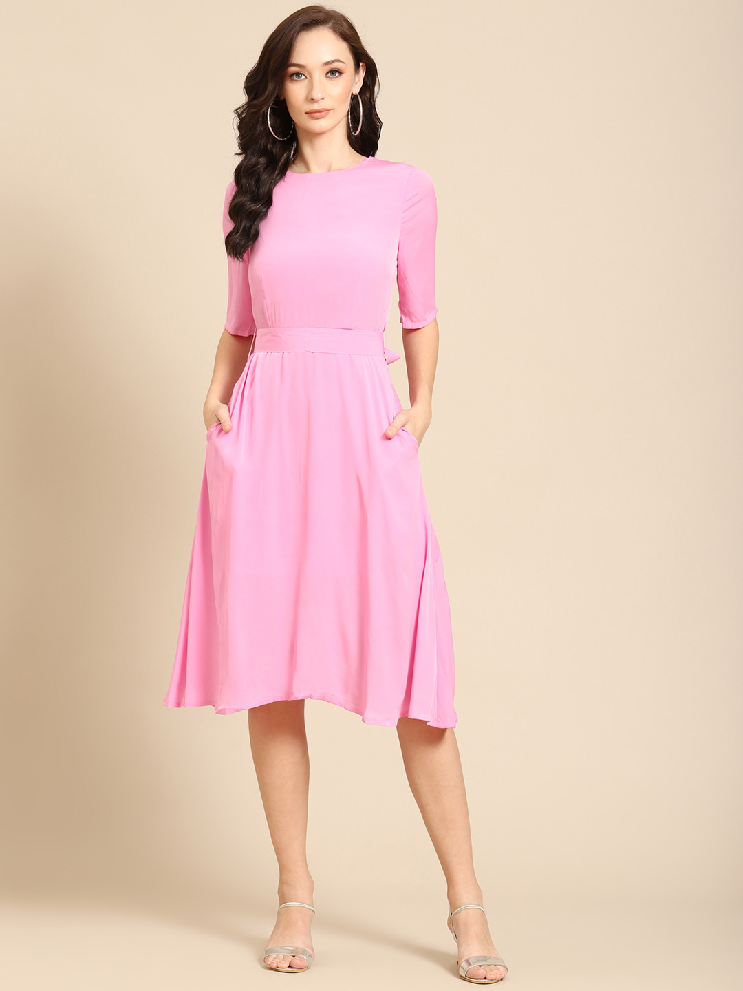 DODO & MOA Pink Solid A-Line Midi Dress