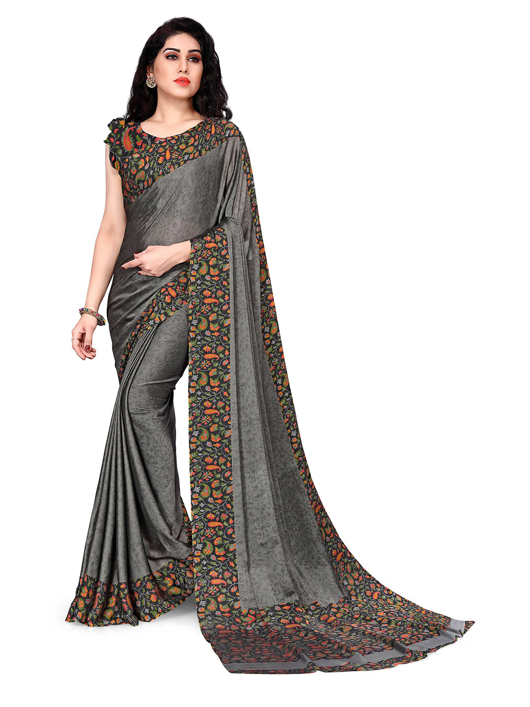 KALINI Grey & Orange Floral Printed Designer Bagh Saree
