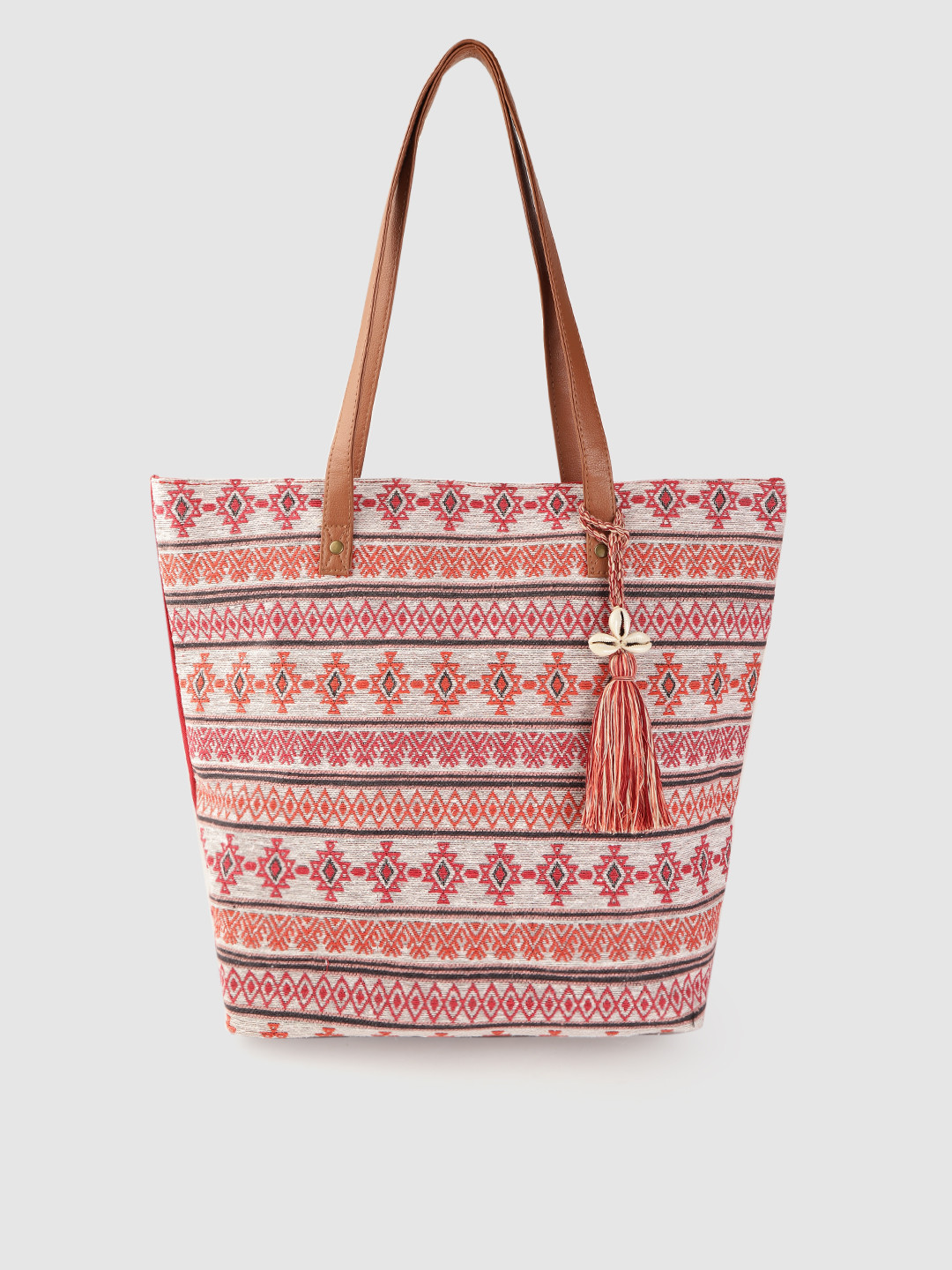 Anouk Off-White & Red Geometric Patterned Shopper Tote Bag with Tasselled Detail