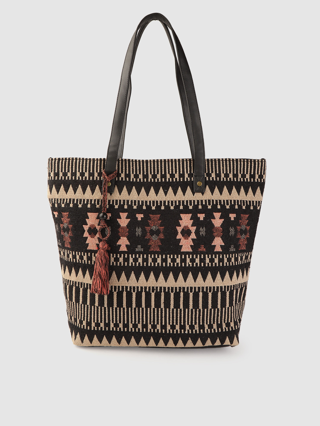 Anouk Black & Beige Geometric Patterned Shopper Tote Bag with Tasselled Detail