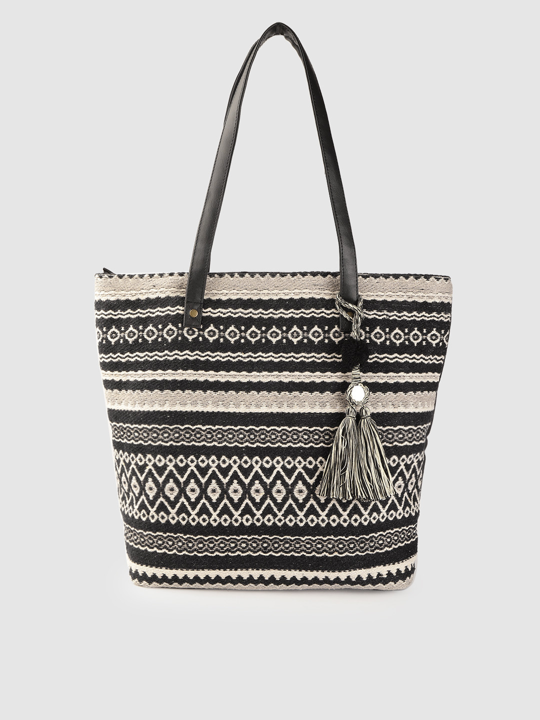 Anouk Black & Off-White Geometric Patterned Shopper Tote Bag with Tasselled Detail
