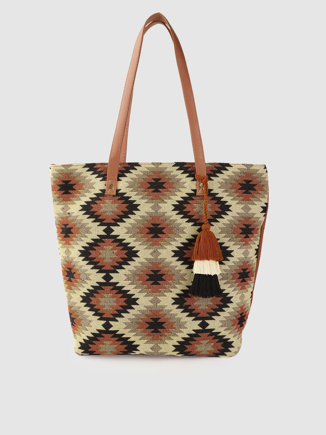 Anouk Beige & Brown Geometric Patterned Shopper Tote Bag with Tasselled Detail