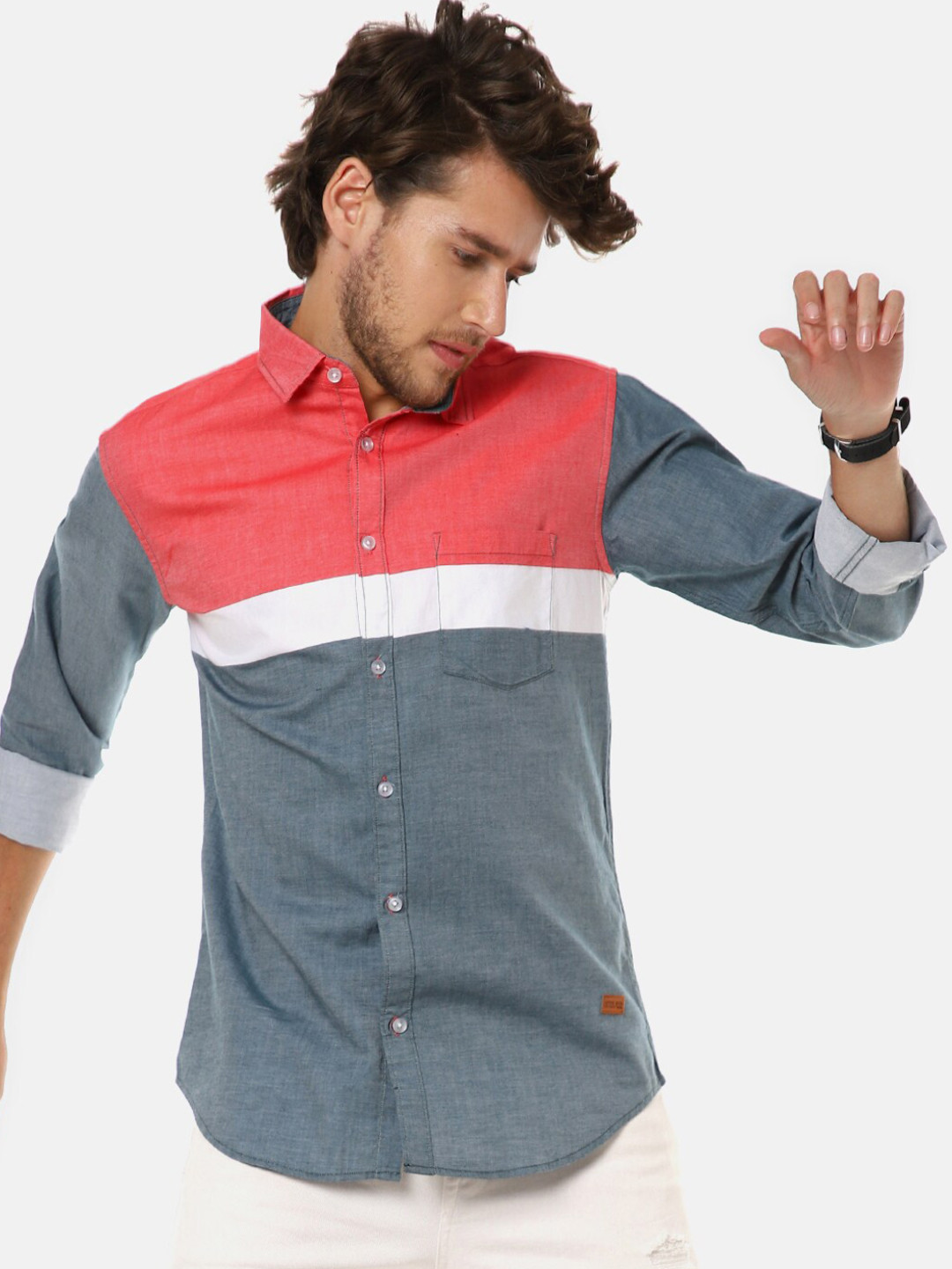Campus Sutra Men Grey& Pink Colourblocked Casual Shirt