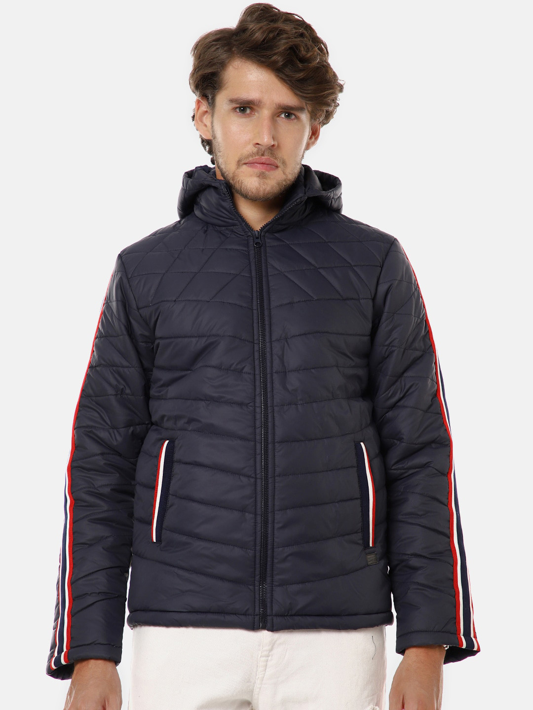 Campus Sutra Men Blue Windcheater Puffer Jacket with Side Stripes