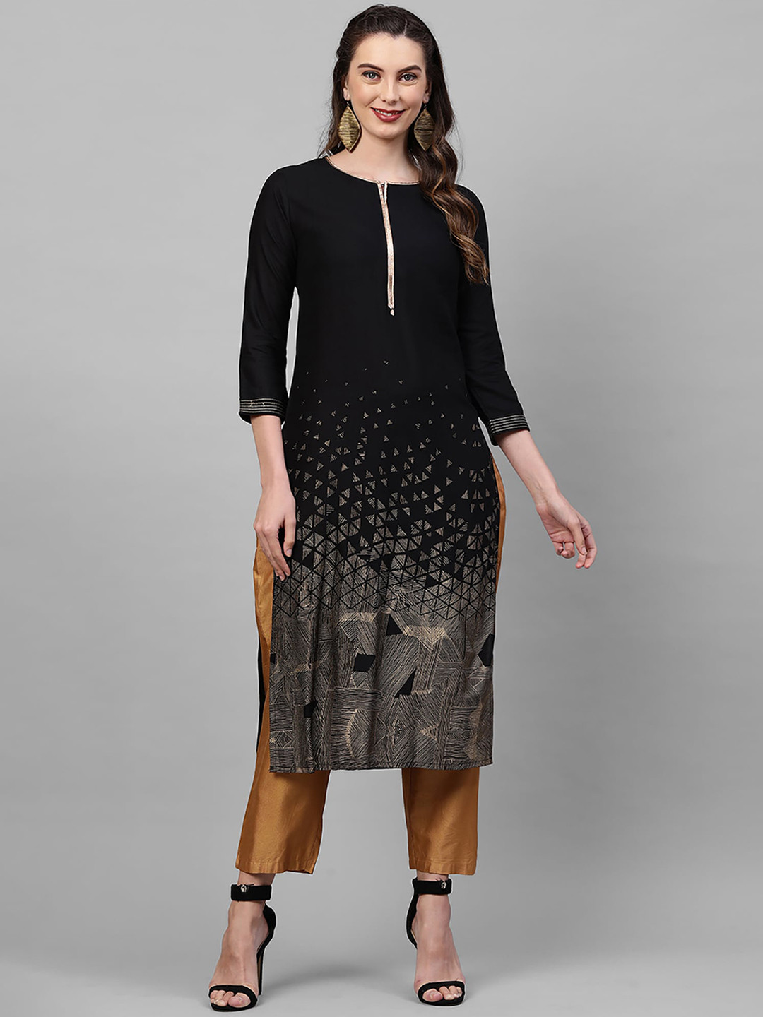 Indo Era Women Black Geometric Foil Printed Straight Kurta