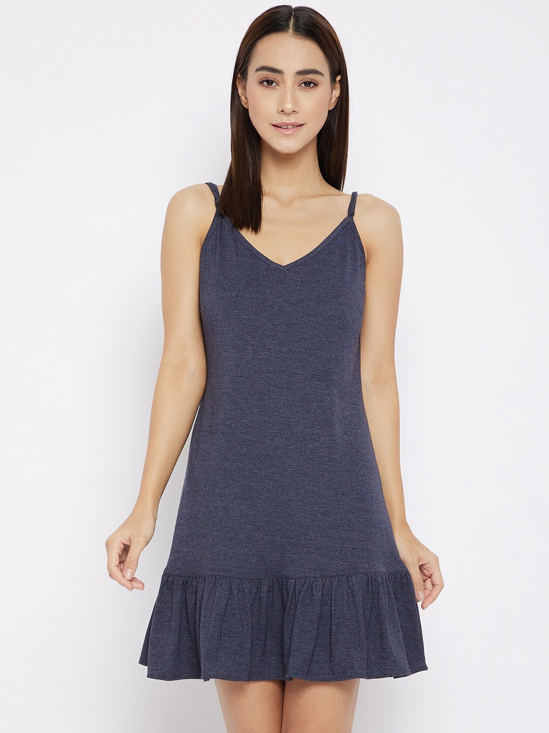 Hypernation Women Navy Blue Solid Cotton Blend Flared Mini Night Dress