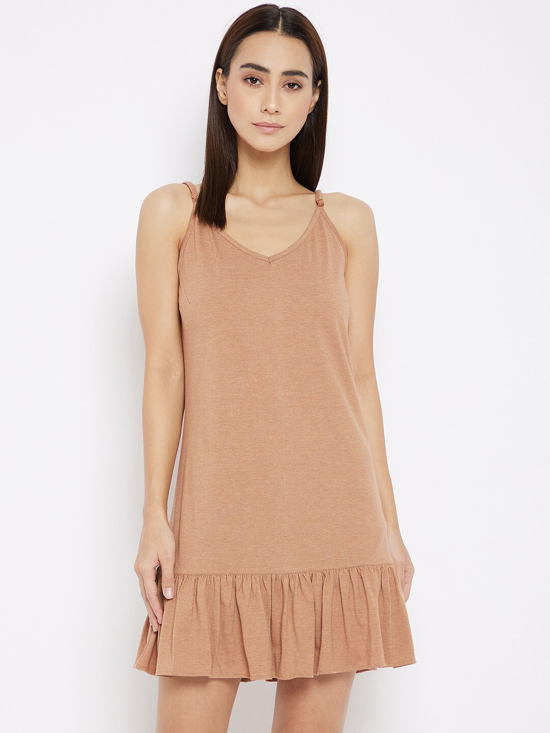 Hypernation Women Khaki Solid Cotton Blend Flared Mini Night Dress