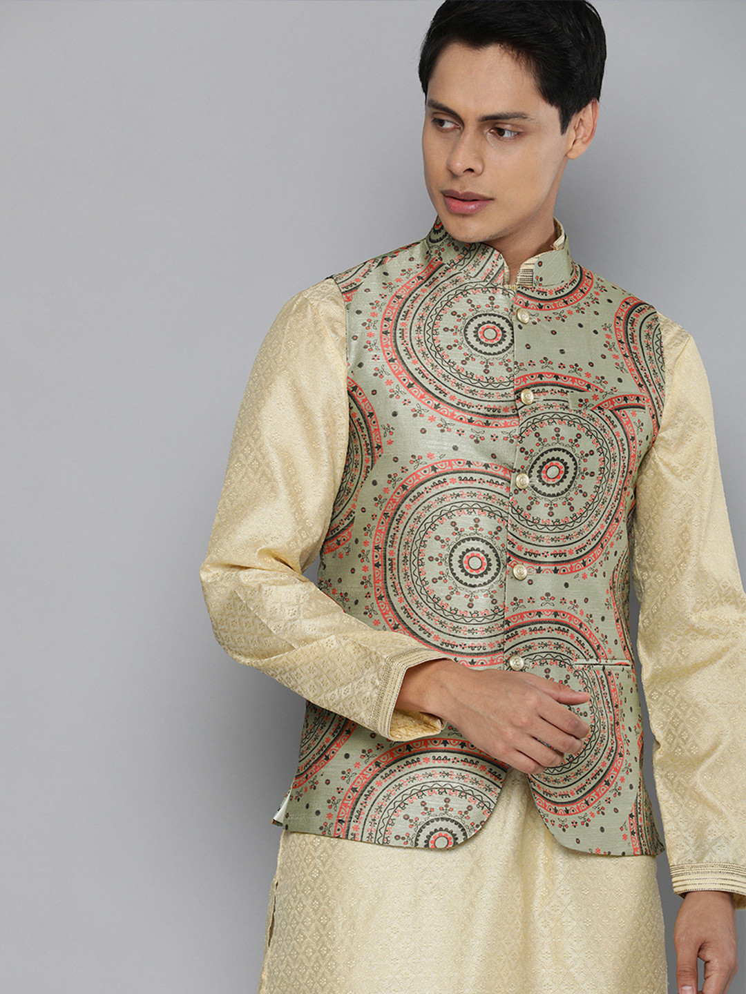 The Indian Garage Co Men Green & Black Ethnic Printed Nehru Jacket
