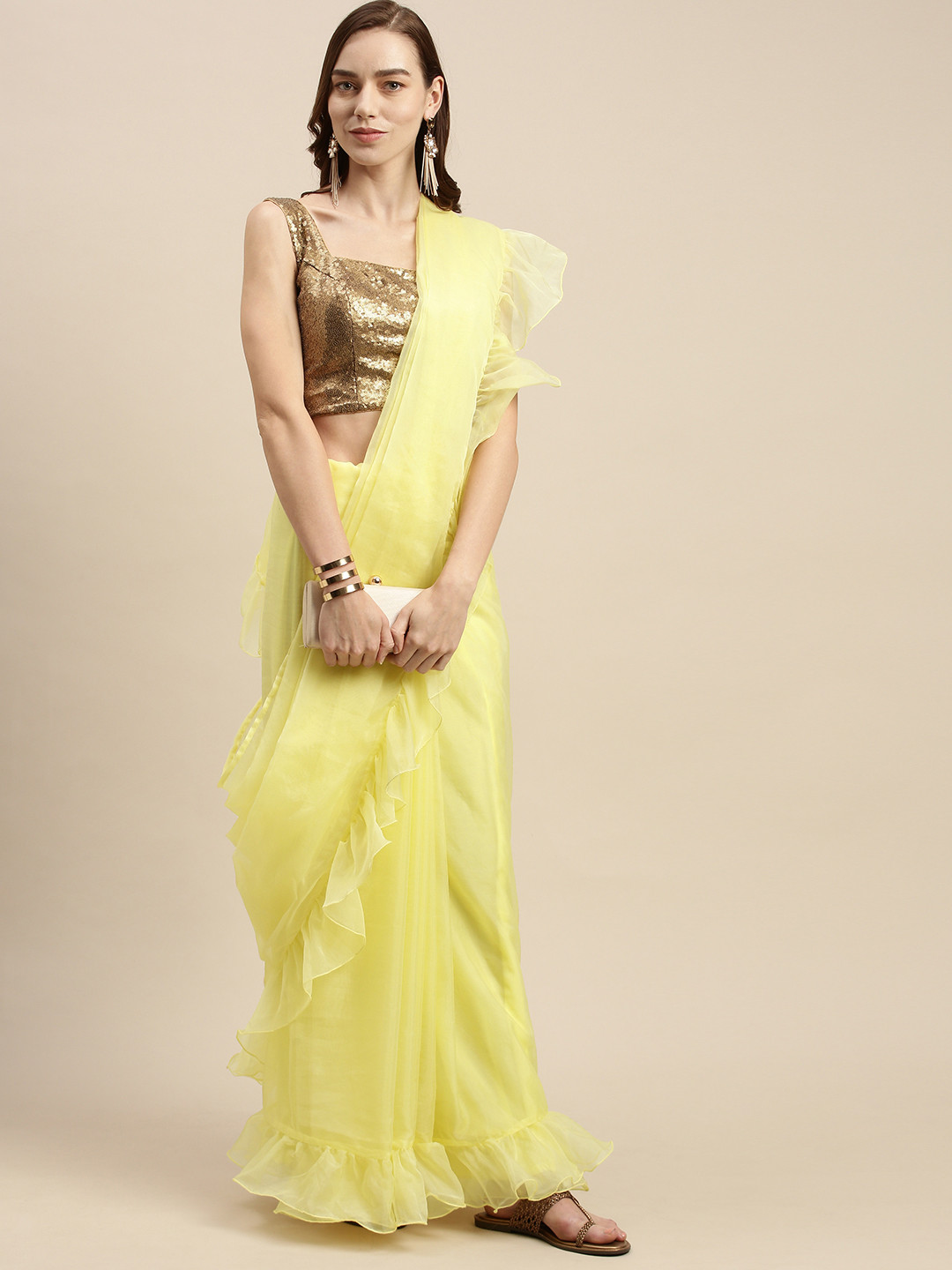 Ethnovog Brown  Yellow Organza Banarasi Saree