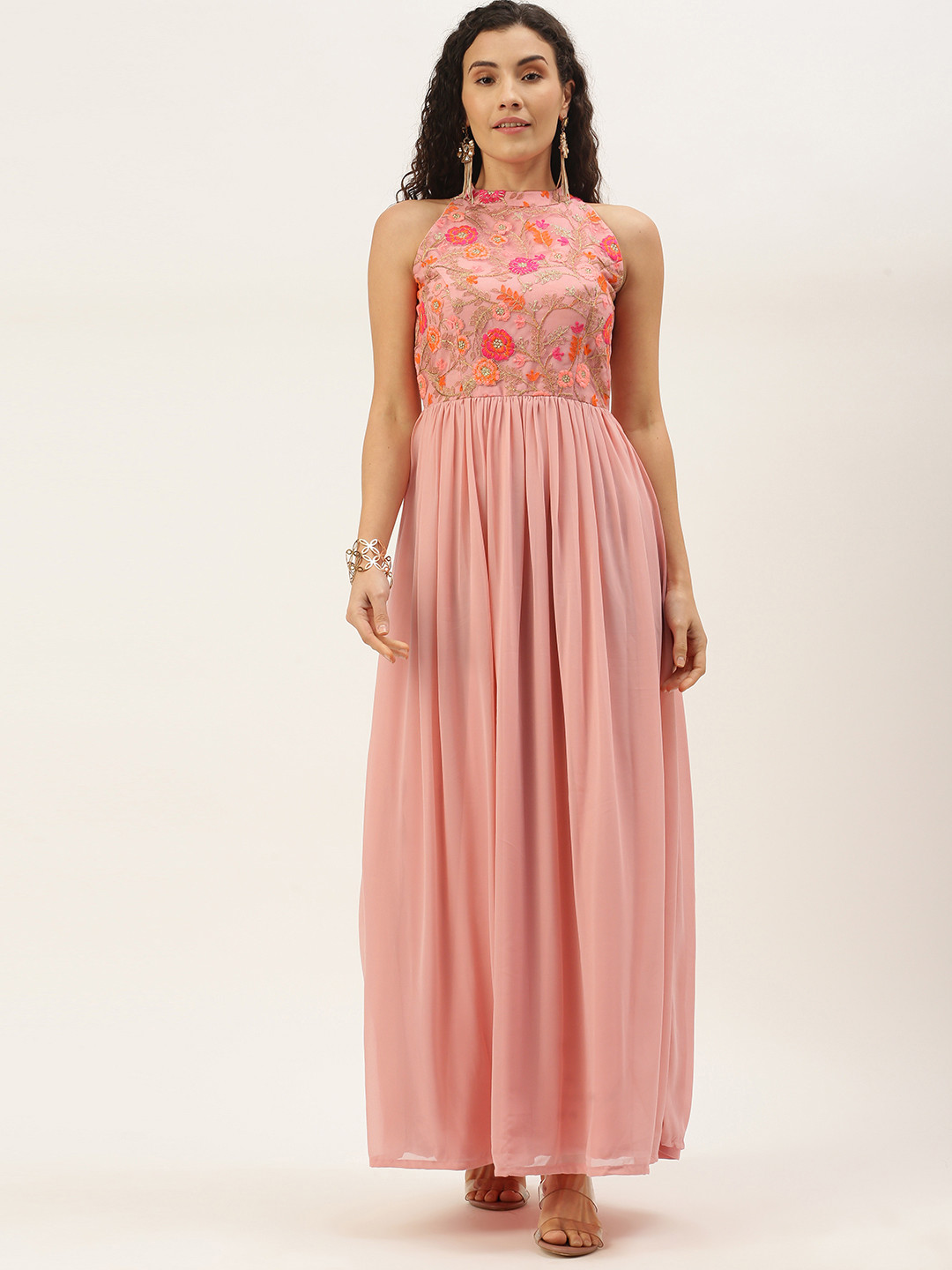 Ethnovog Pink Floral Embroidered Halter Neck Georgette Ethnic Maxi Dress
