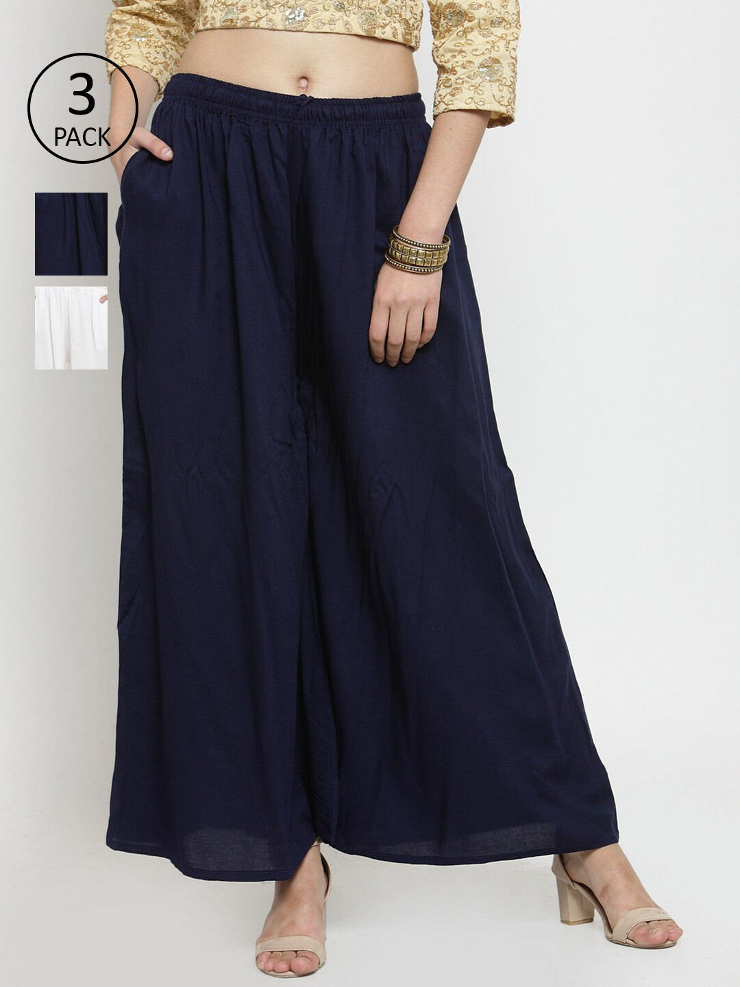 Clora Creation Women Navy Blue & Off White Pack Of 3 Flared Knitted Ethnic Sharara