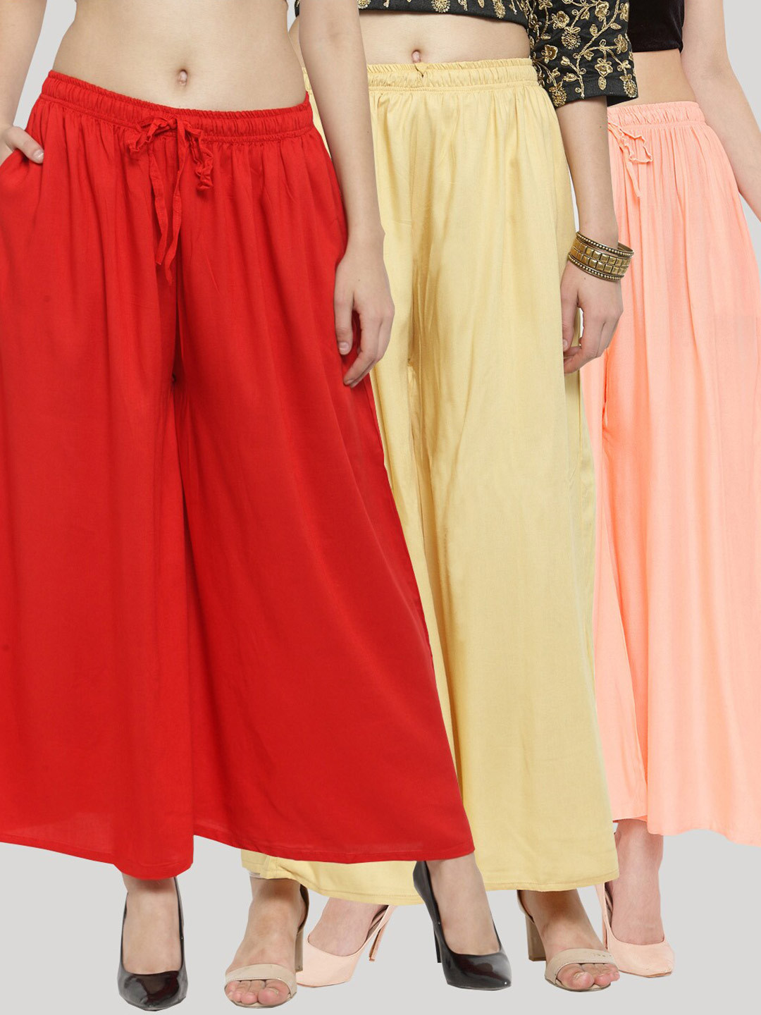 Clora Creation Women Red & Cream-Coloured Pack Of 3 Flared Knitted Ethnic Sharara