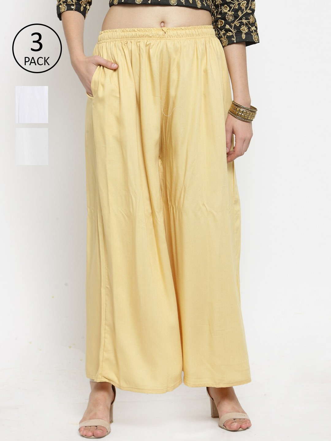 Clora Creation Women Cream-Coloured & Off White Pack Of 3 Flared Knitted Ethnic Sharara