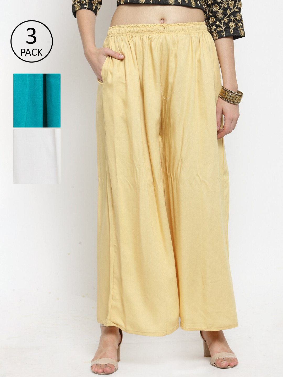 Clora Creation Women Cream-Coloured & Off White Pack Of 3 Flared Knitted Ethnic Sharara