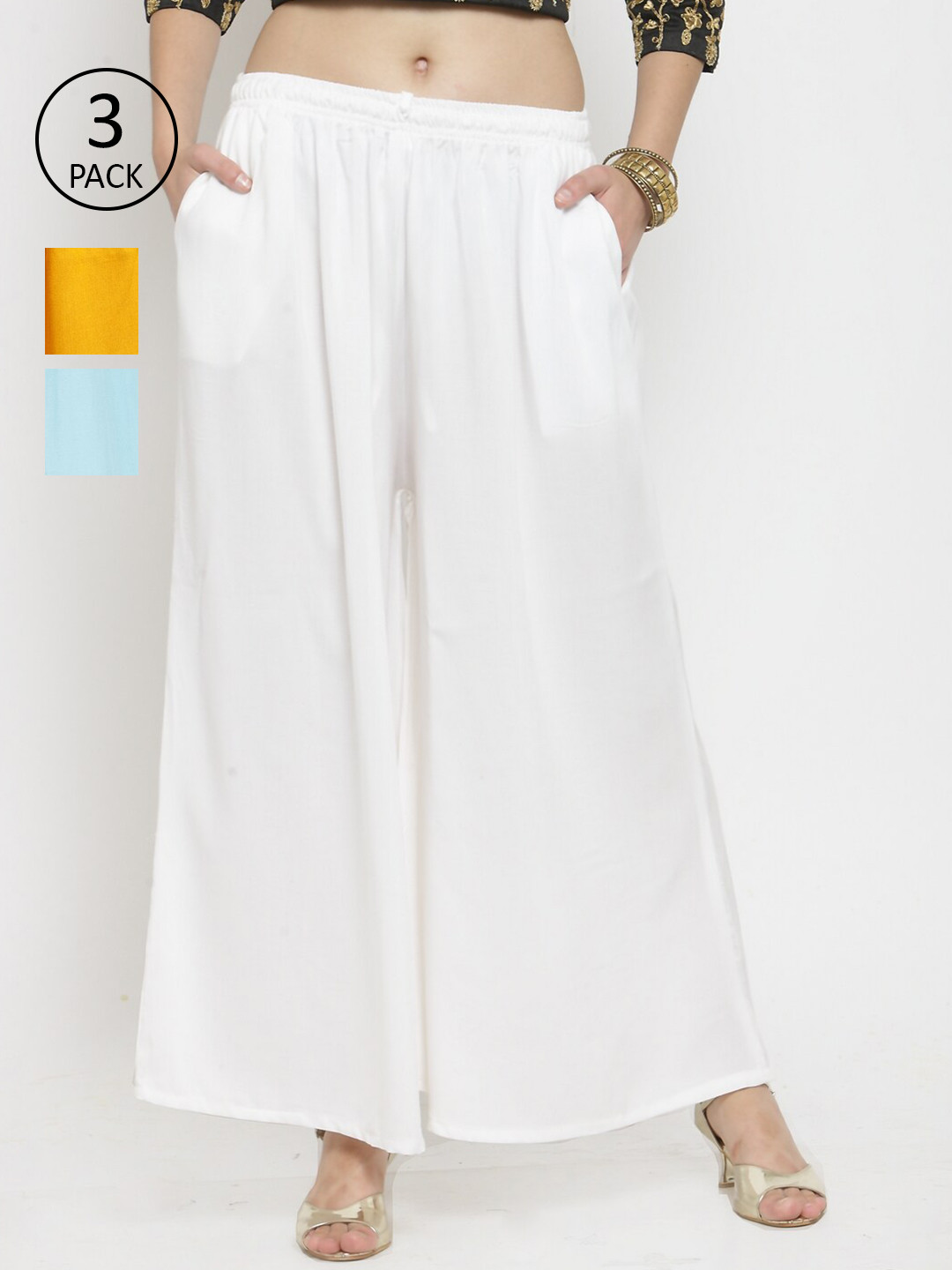 Clora Creation Women Off White & Mustard Yellow Pack Of 3 Flared Knitted Ethnic Sharara