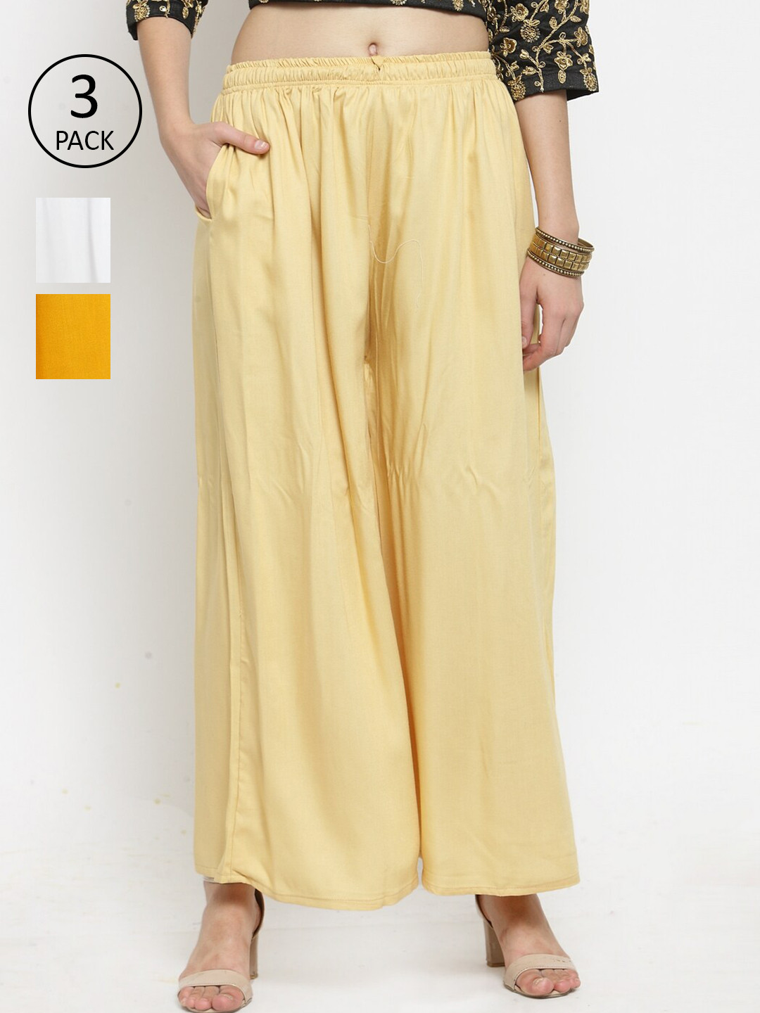 Clora Creation Women White & Yellow Pack of 3 Flared Knitted Ethnic Sharara