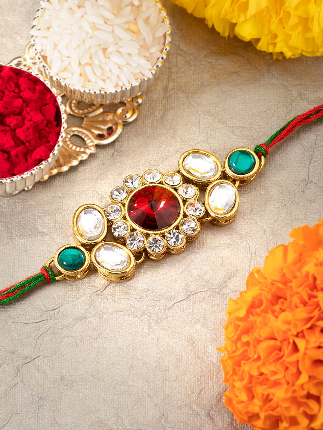 Peora Men Kundan Rakhi with Greeting Card & Roli Chawal