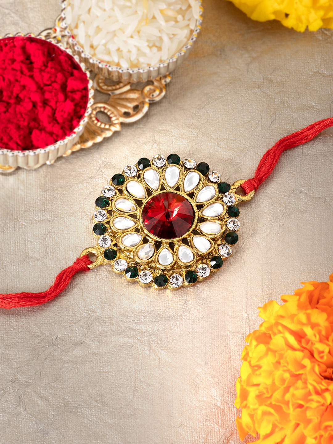 Peora Men Kundan & Crystal Rakhi with Greeting Card & Roli Chawal