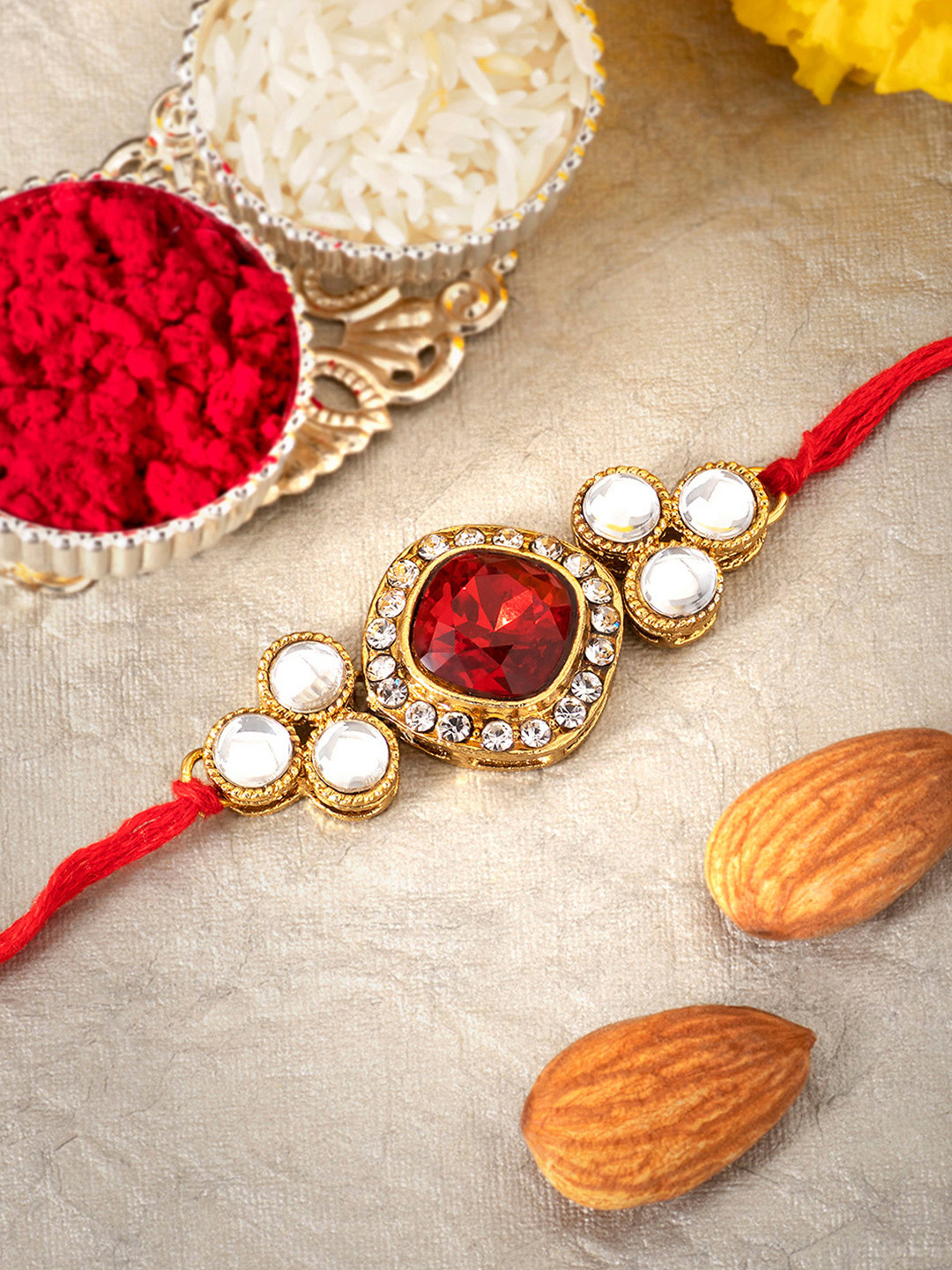 Peora Gold-Toned Kundan & Crystal Rakhi with Raksha Bandhan Greeting Card & Roli Chawal