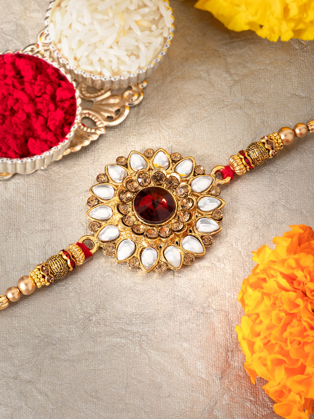 Peora Men Kundan & Crystal Rakhi with Greeting Card & Roli Chawal