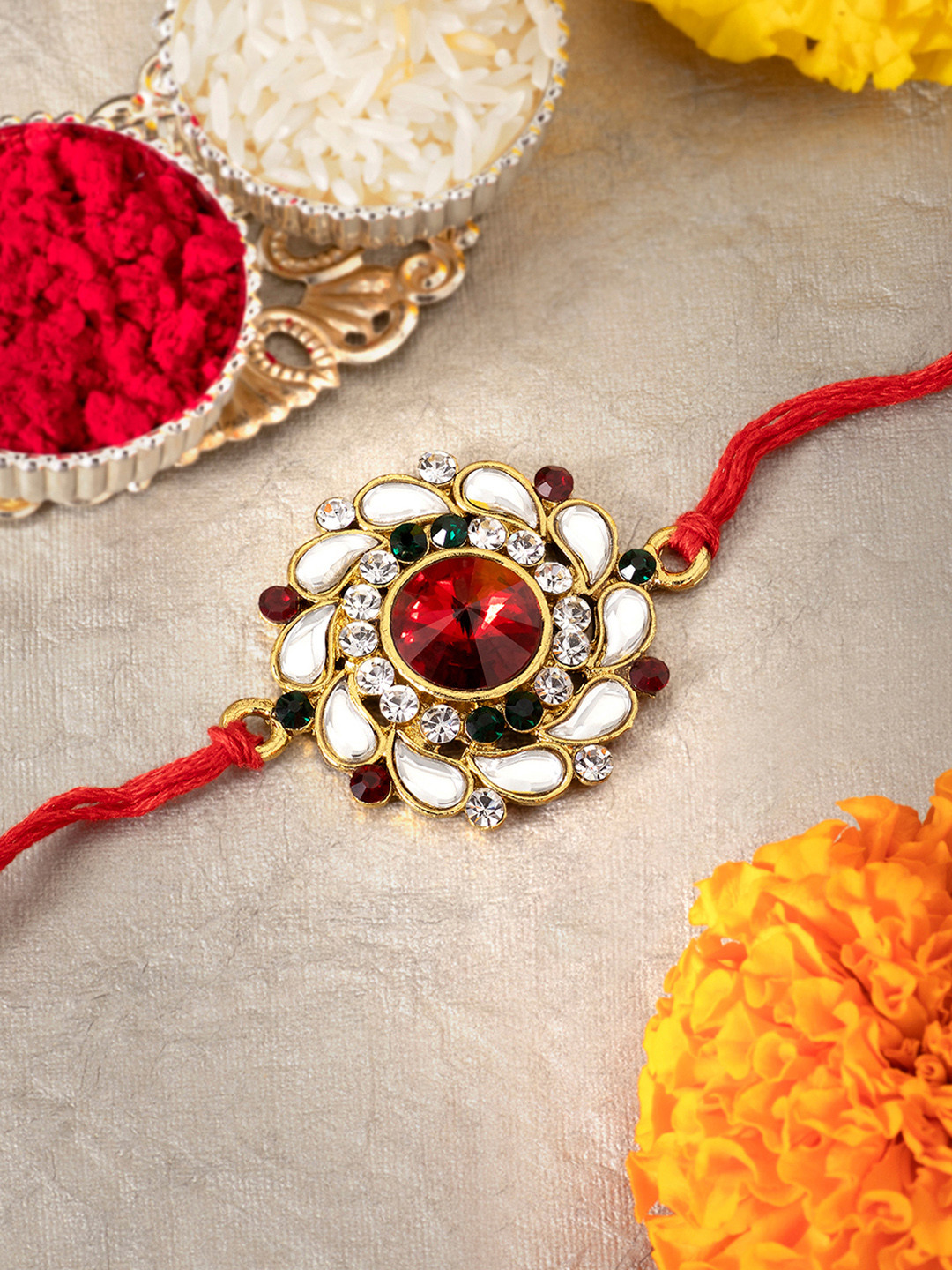 Peora Men Red Elegant Kundan & Crystal Kundan Studded Rakhi , Greeting Card & Roli Chawal