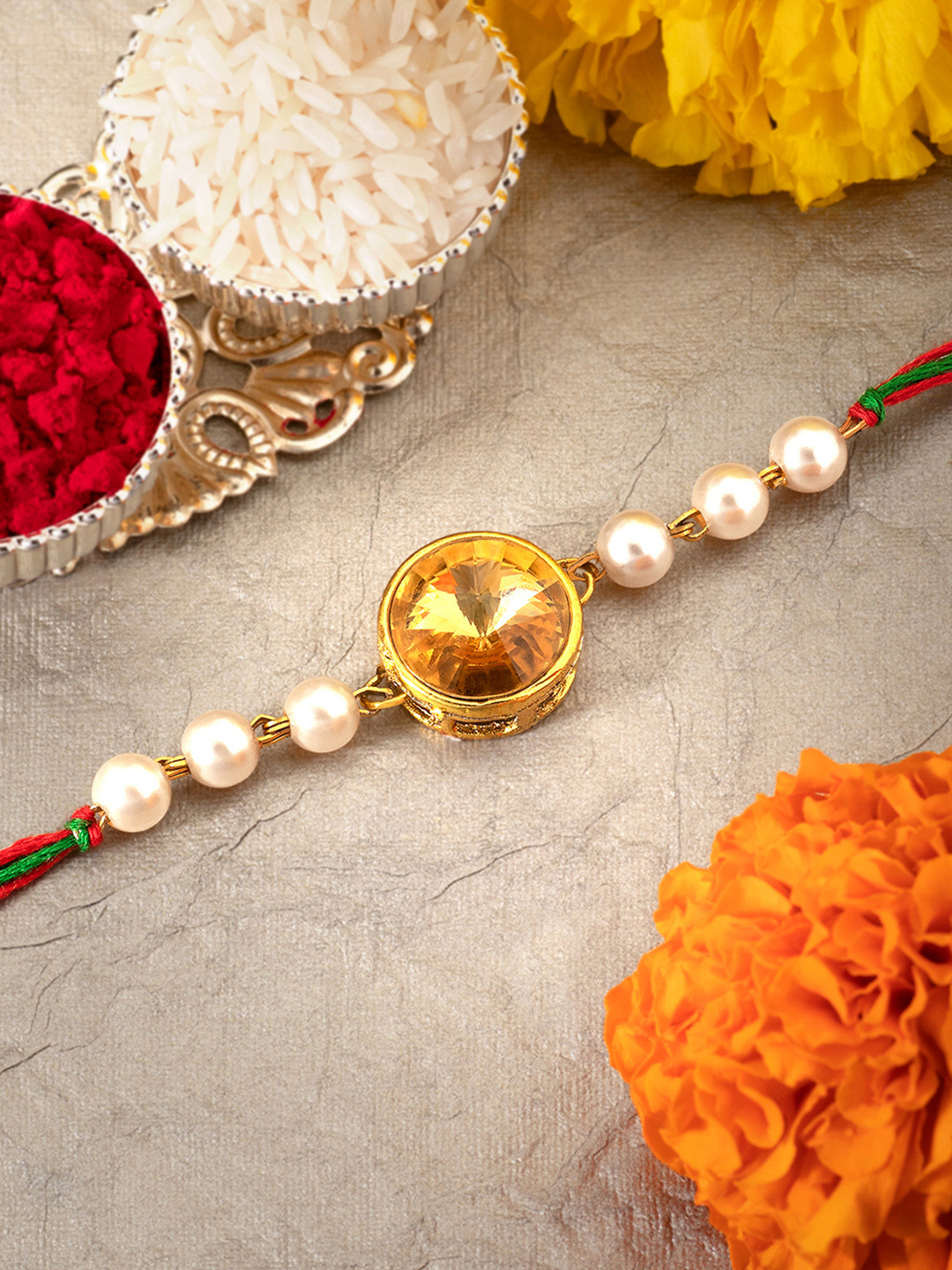 Peora Gold-Toned Crystal & Beads Meenakari Rakhi With Greeting Card & Roli Chawal