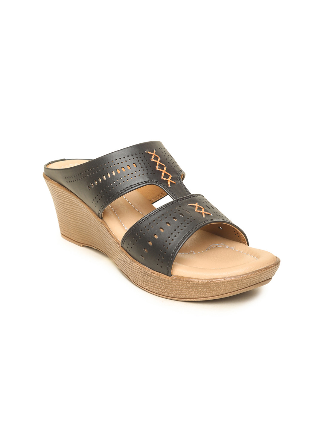 VALIOSAA Black Wedge Sandals with Laser Cuts