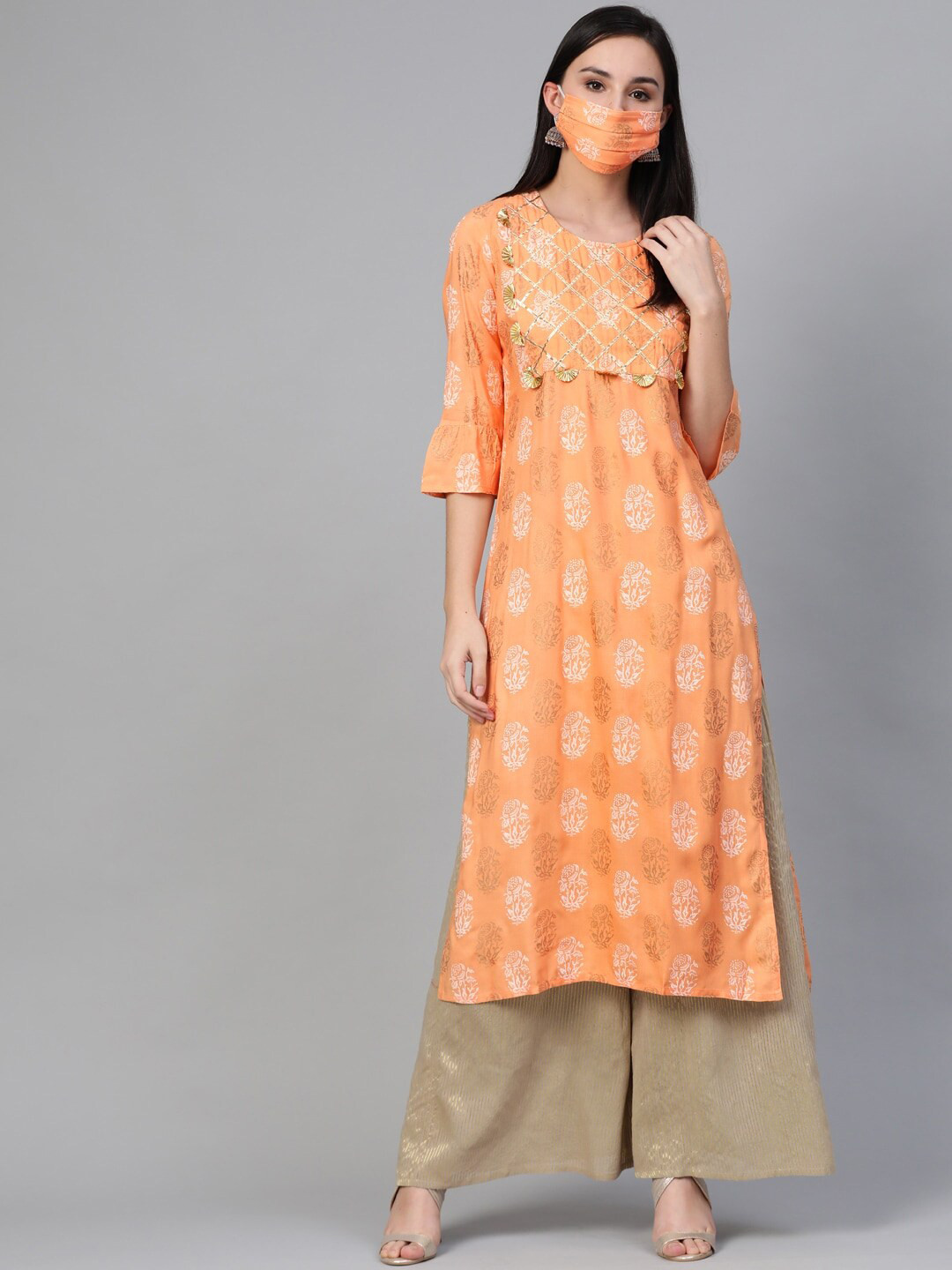 Sringam Women Orange & Off White Ethnic Motifs Yoke Design Kurta & 2-Ply Cloth Mask