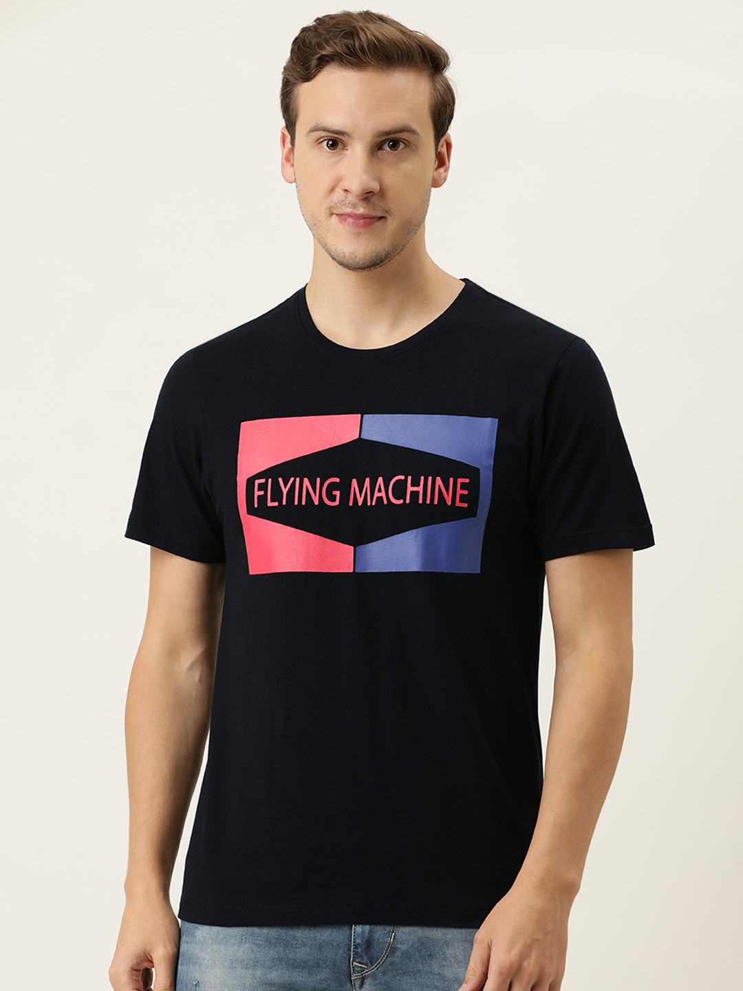 Flying Machine Men Black Brand Logo Printed Pure Cotton T-shirt