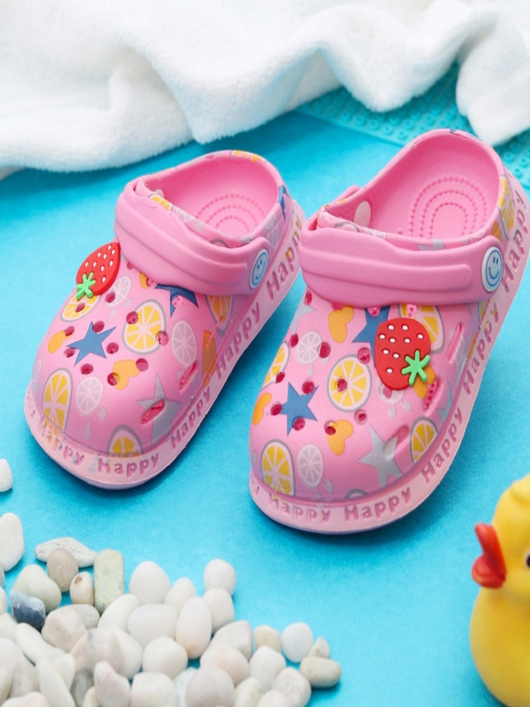 Yellow Bee Girls Pink Star and Fruit Printed Clogs