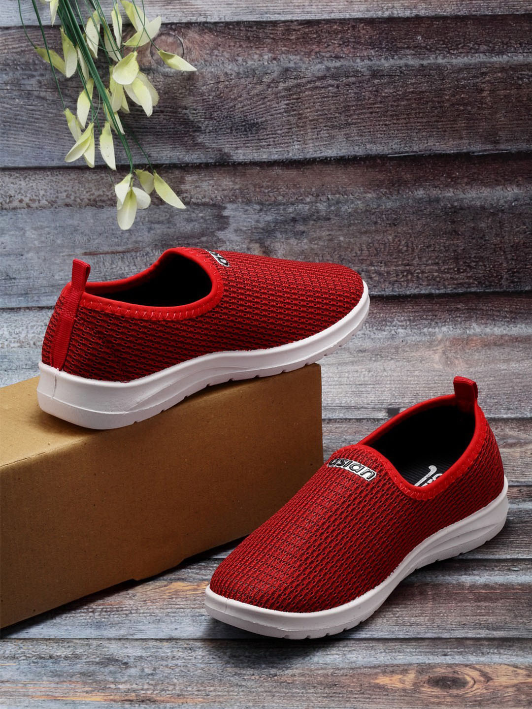 ASIAN Women Red Woven Design Slip-On Sneakers