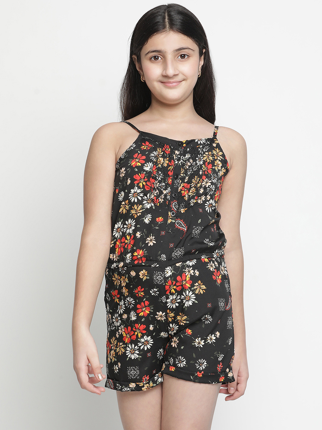 Oxolloxo Girls Black & Red Printed Capri Jumpsuit