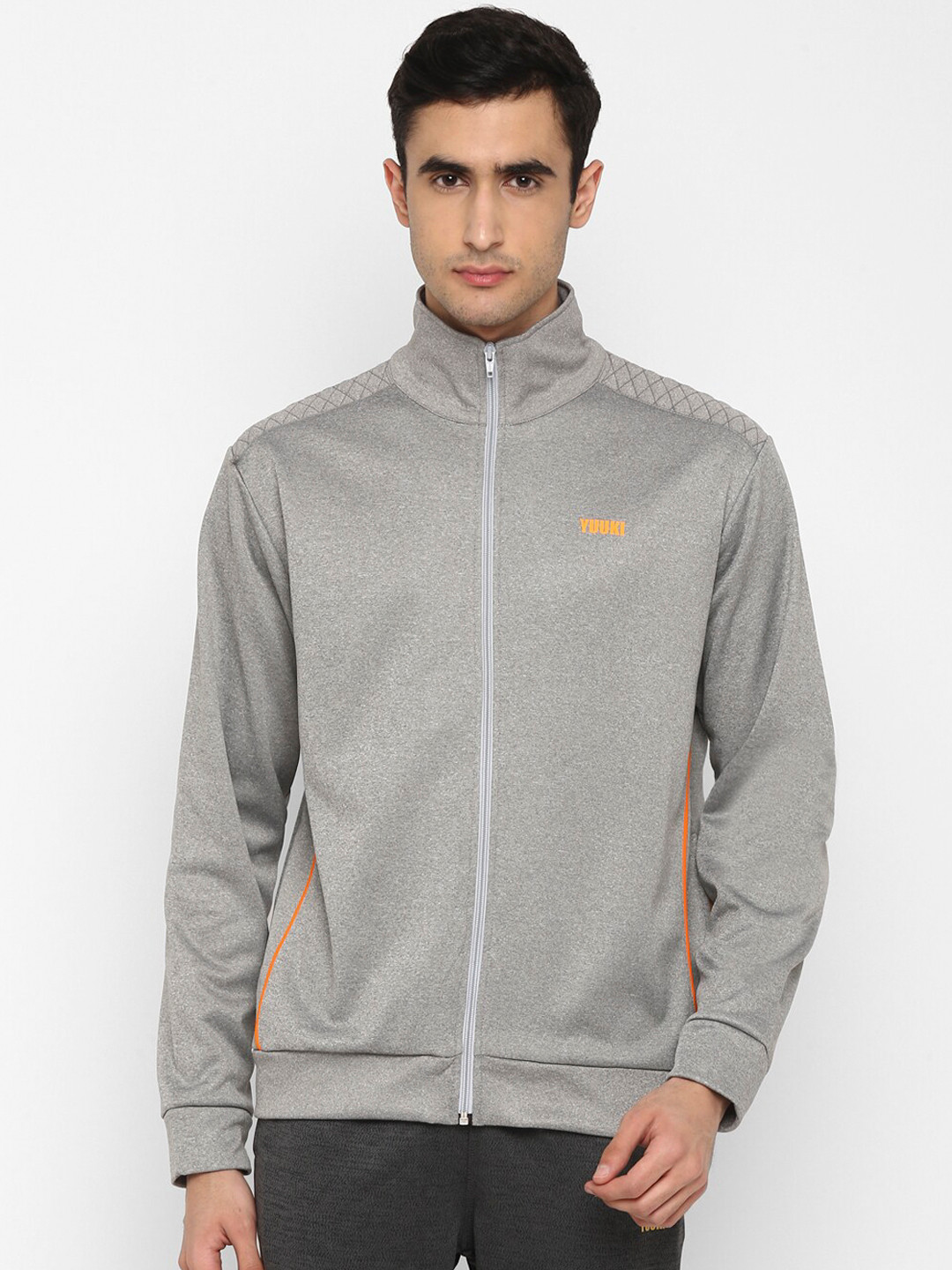 Yuuki Men Grey Melange silver chalice Lightweight Sporty Jacket with Embroidered