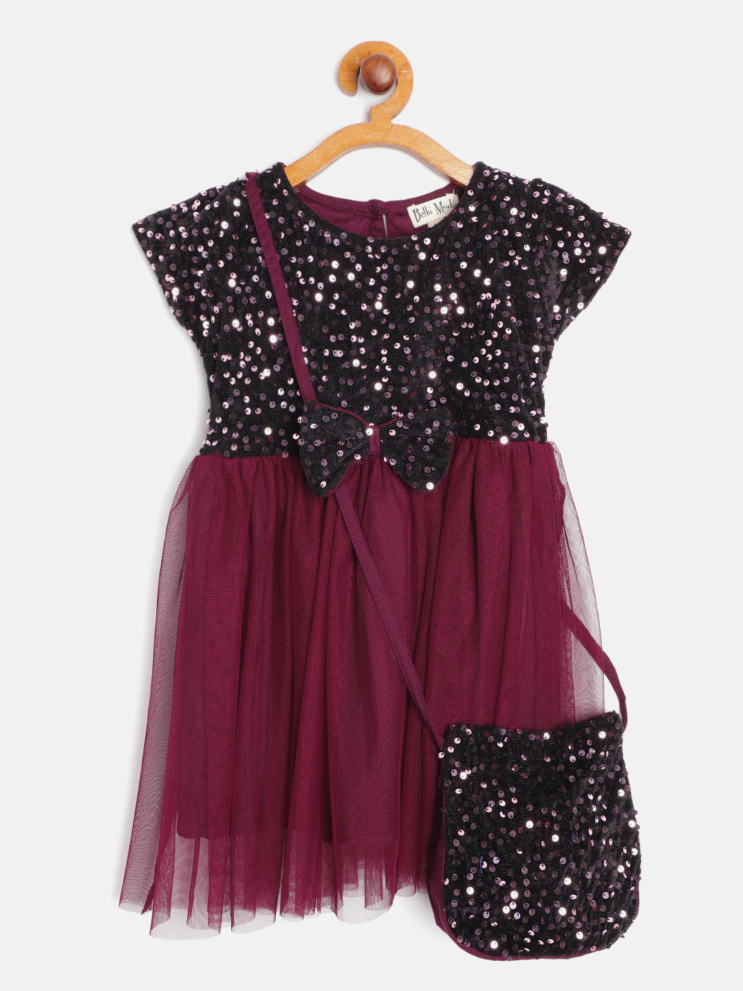 Bella Moda Maroon & Black Sequinned Net Fit & Flare Dress with Sling Bag