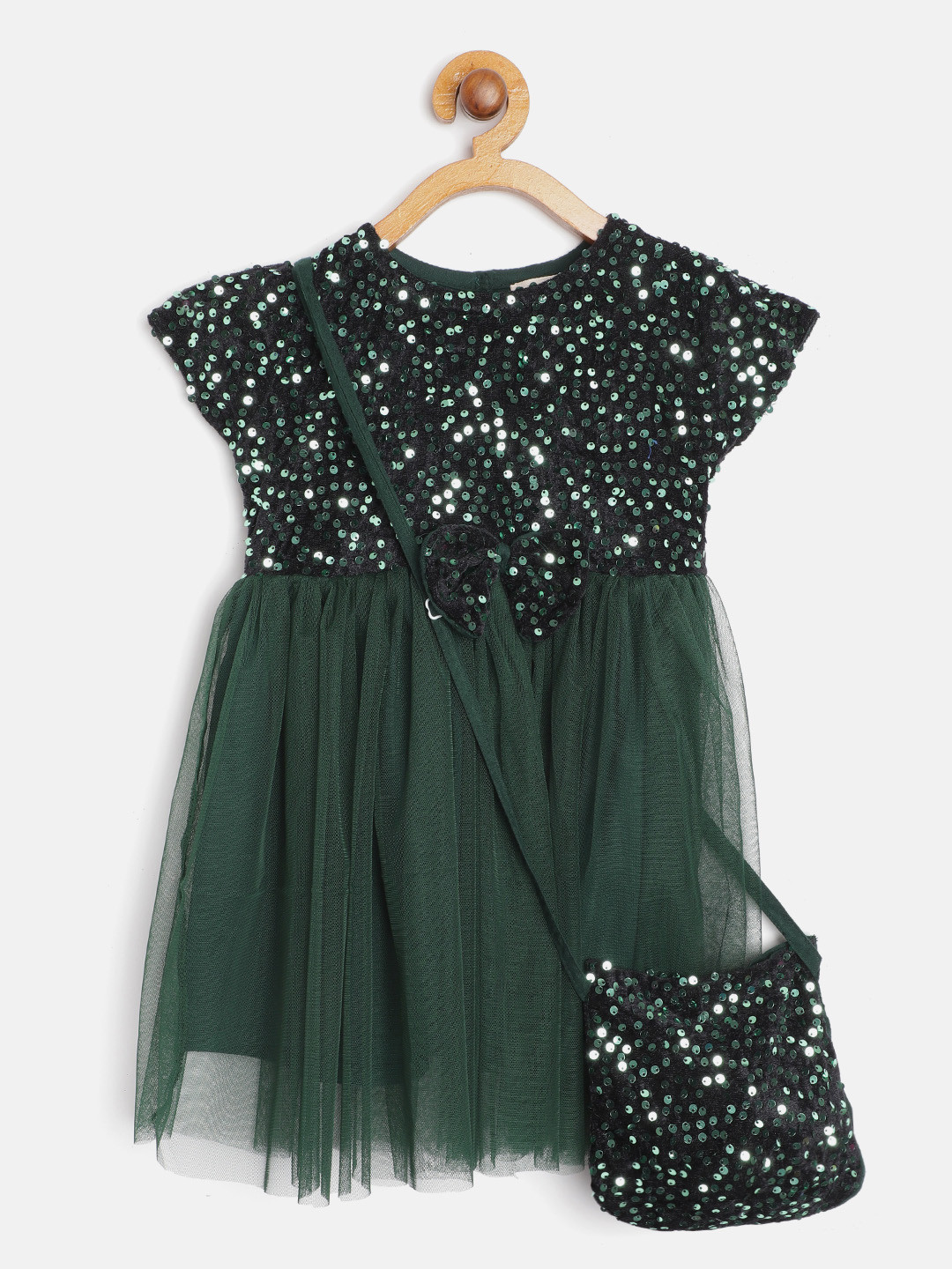 Bella Moda Girls Dark Green & Black Net Sequinned Tulle Fit & Flare Dress with Sling Bag
