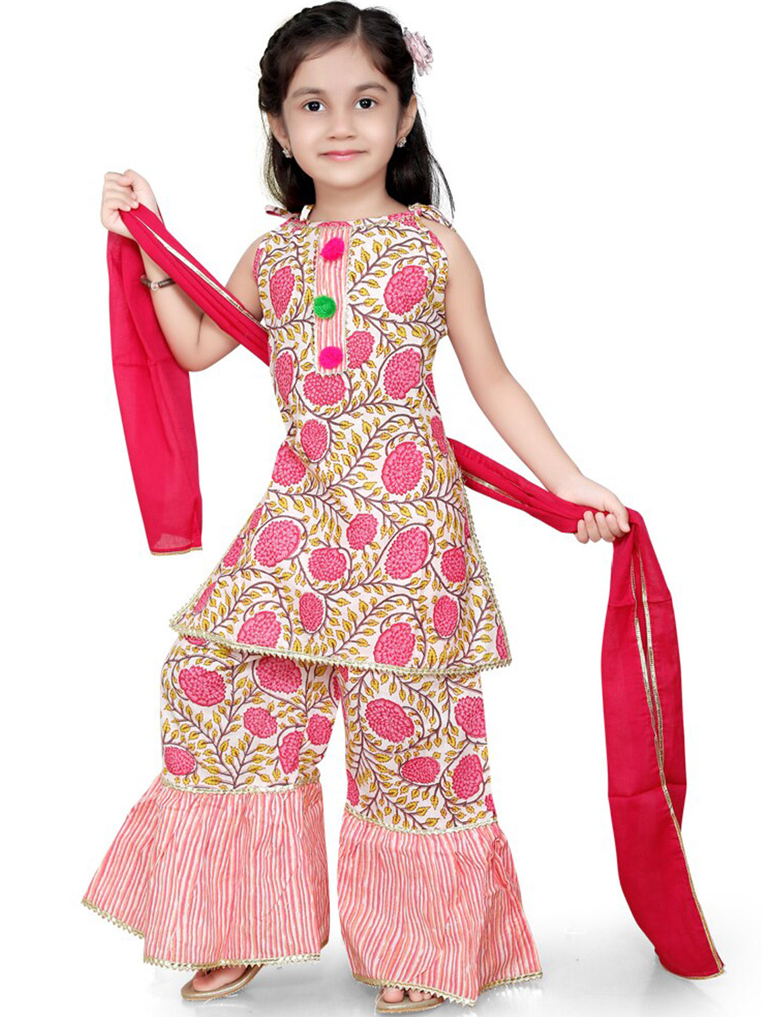 LIL PITAARA Girls Pink Floral Printed Pure Cotton Kurti with Sharara & With Dupatta