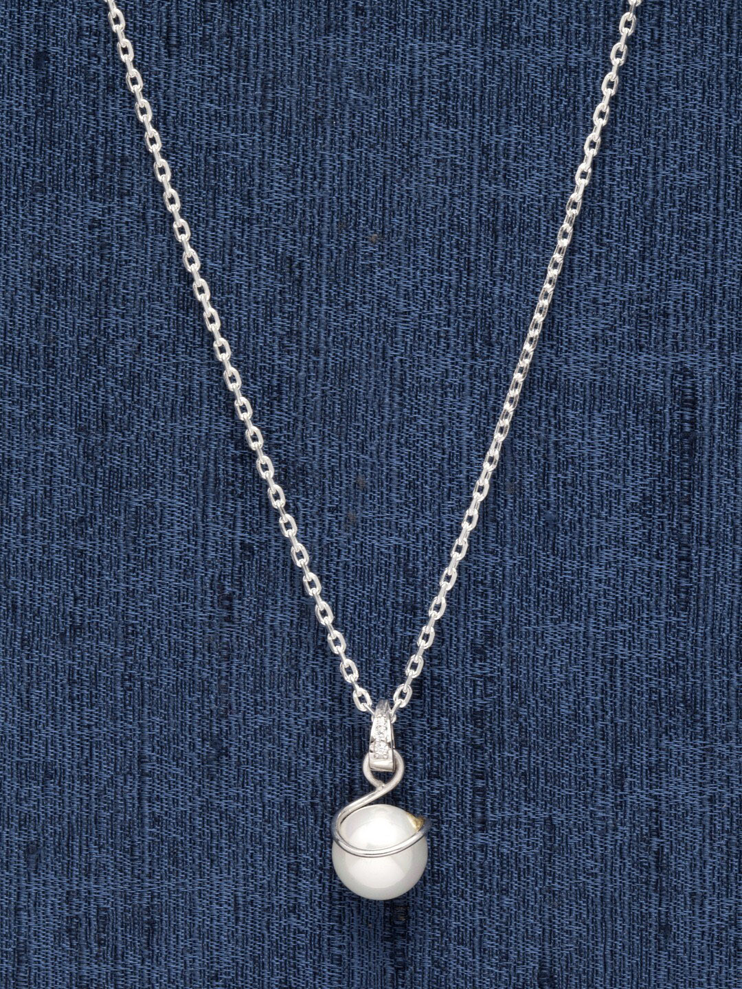 Clara 92.5 % Sterling Silver Rhodium-Plated White Pearl Beaded Circular Pendant With Chain