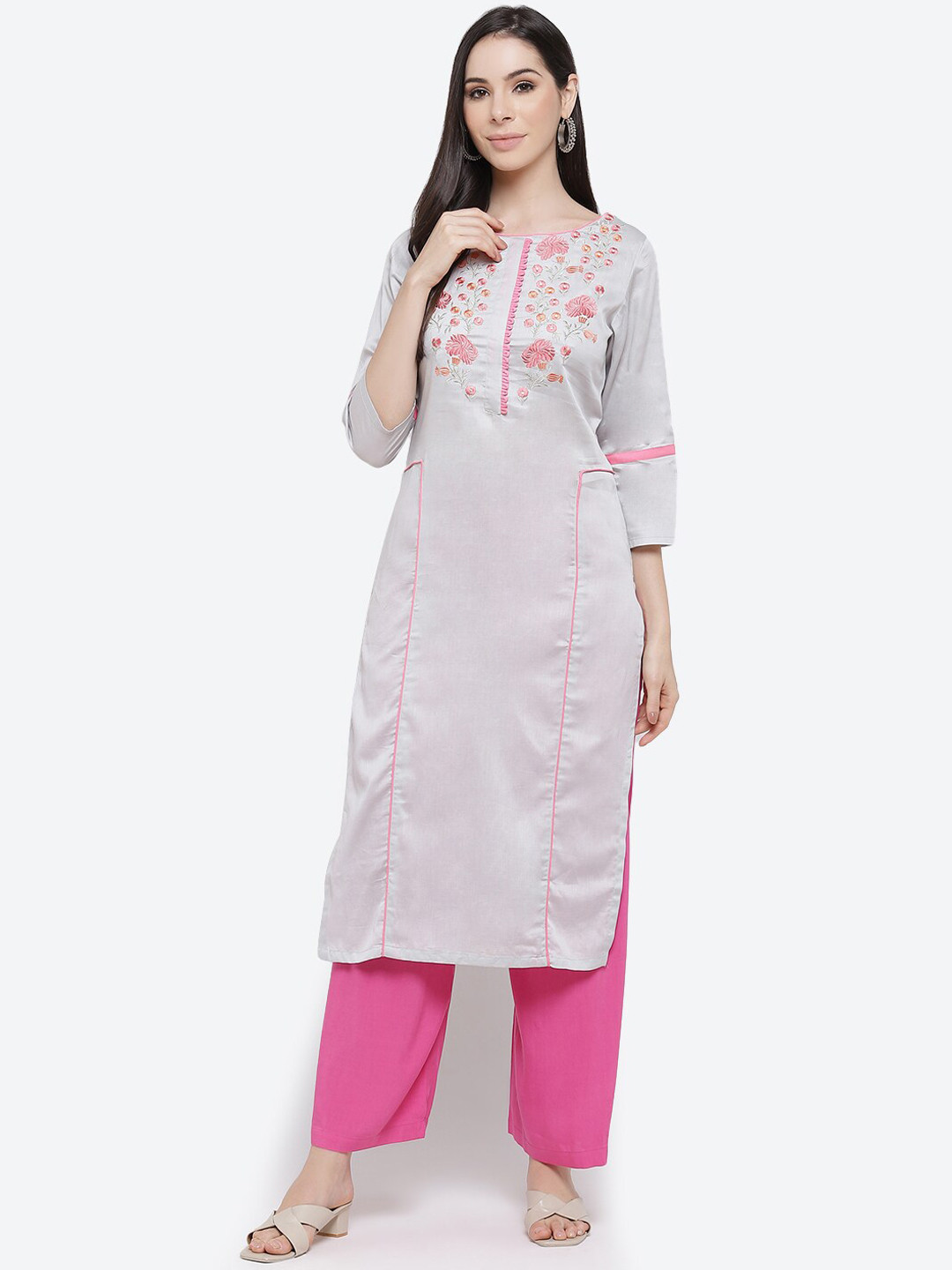 Kurti's by Menka Women Grey & gray lilac Floral Embroidered Keyhole Neck Thread Work Kurta