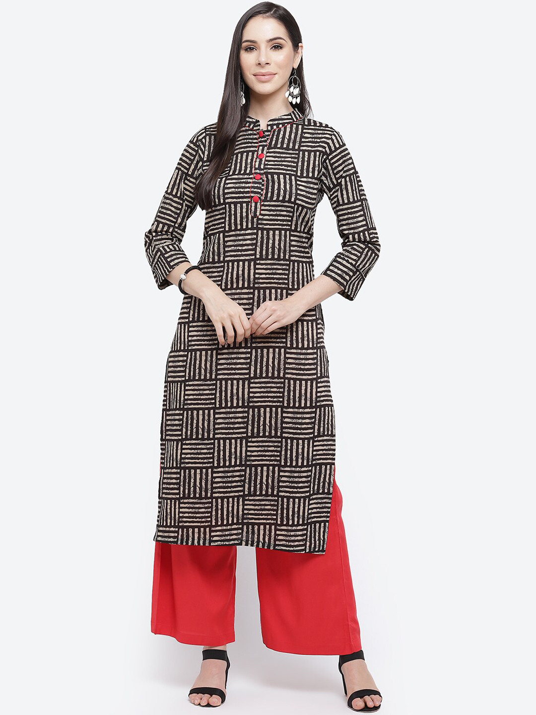 Kurti's by Menka Women Black and Beige Cotton Geometric Printed Straight Kurta