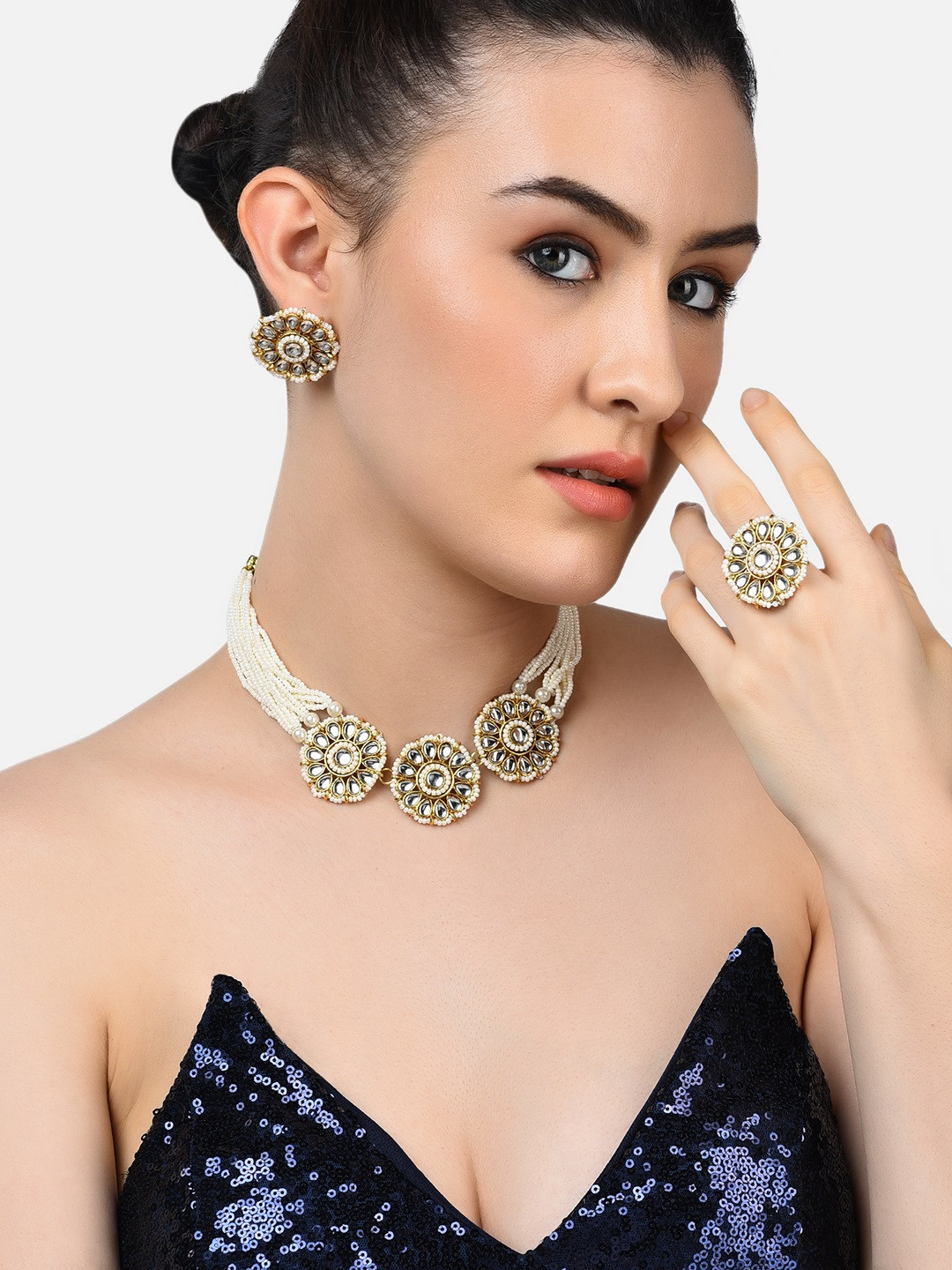 Zaveri Pearls Gold-Plated White & Cream-Coloured Kundan-Studded Beaded Layered Jewellery Set