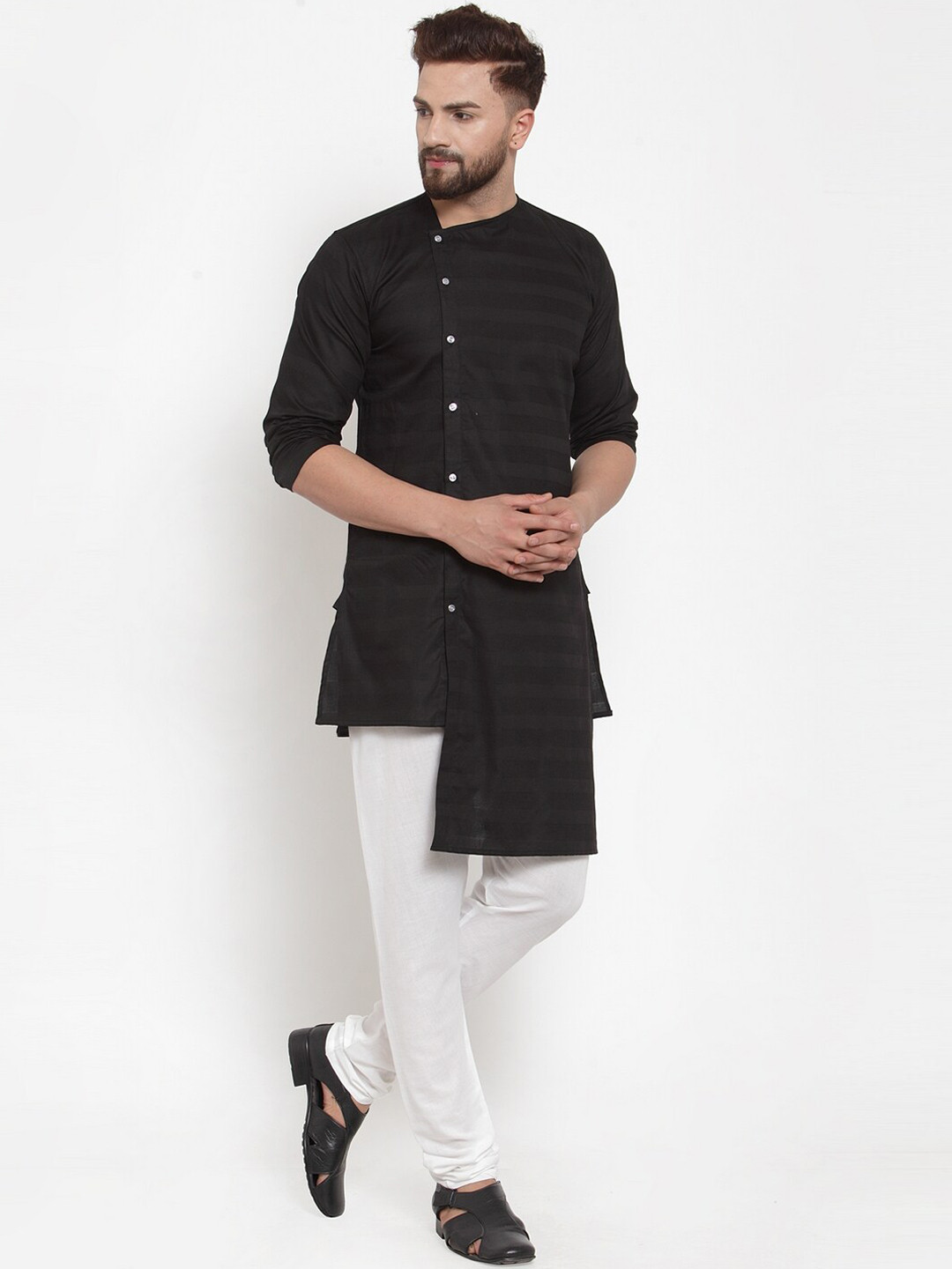 KLOTTHE Men Black Angrakha Pure Cotton Kurta with Pyjamas