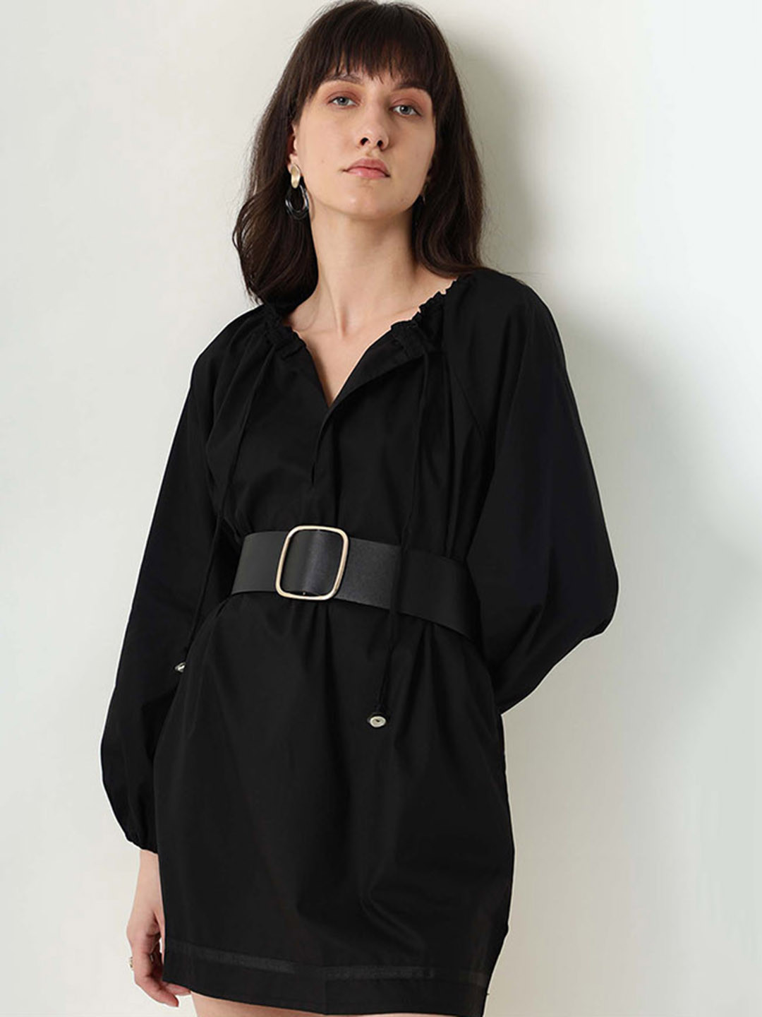 RAREISM Women Black Tie-Up Neck Regular Pure Cotton Longline Boxy Top