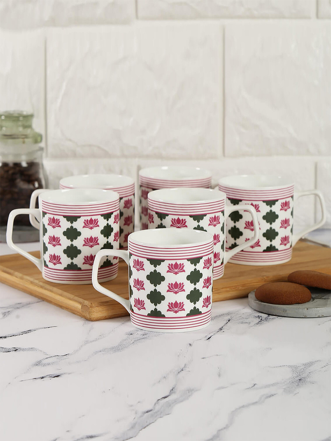 India Circus White Floral Ceramic Handmade 6 Piece Mugs-220ml