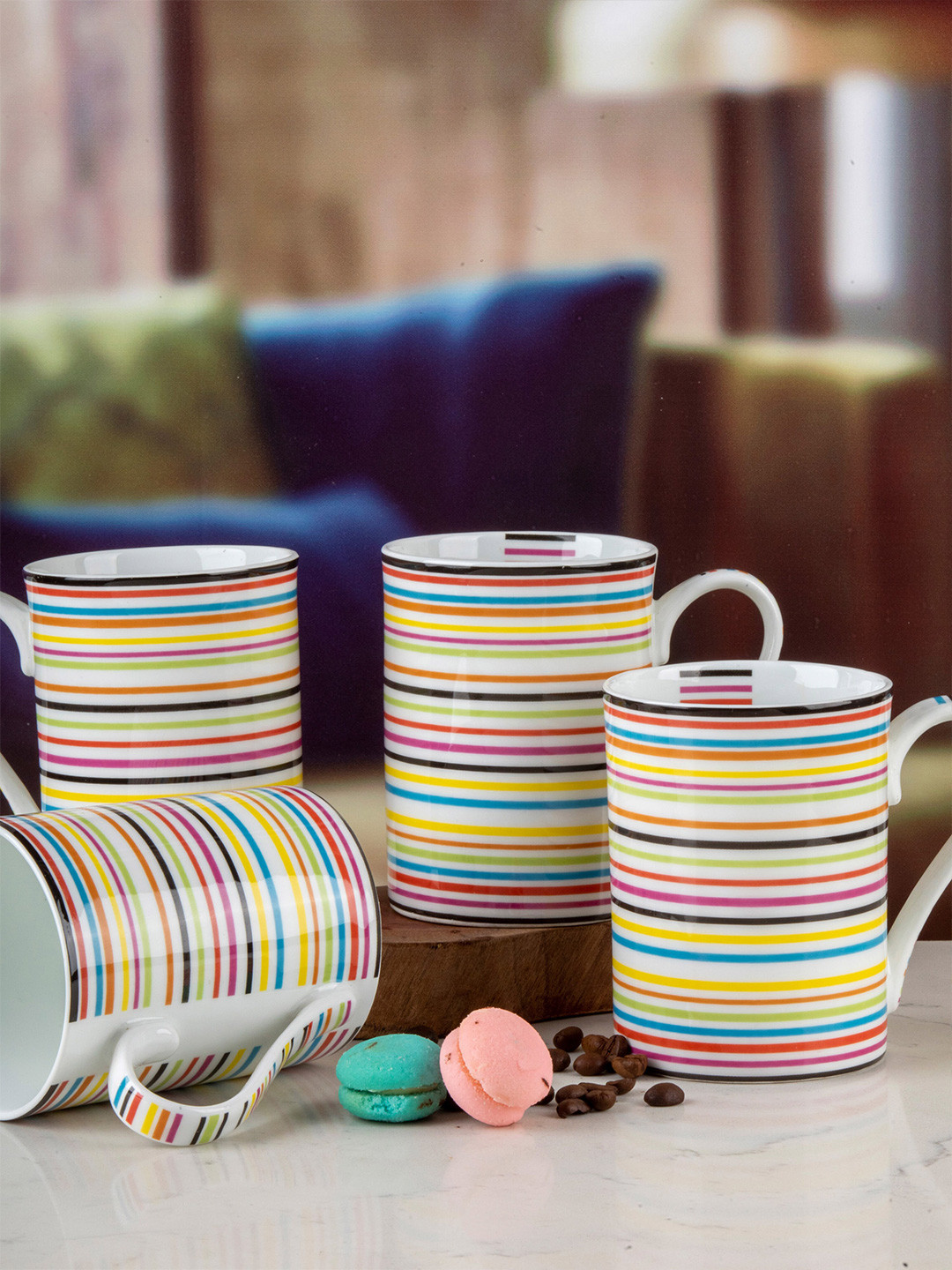 GOODHOMES Set of 4 White & Yellow Floral Striped Bone China Glossy Mugs