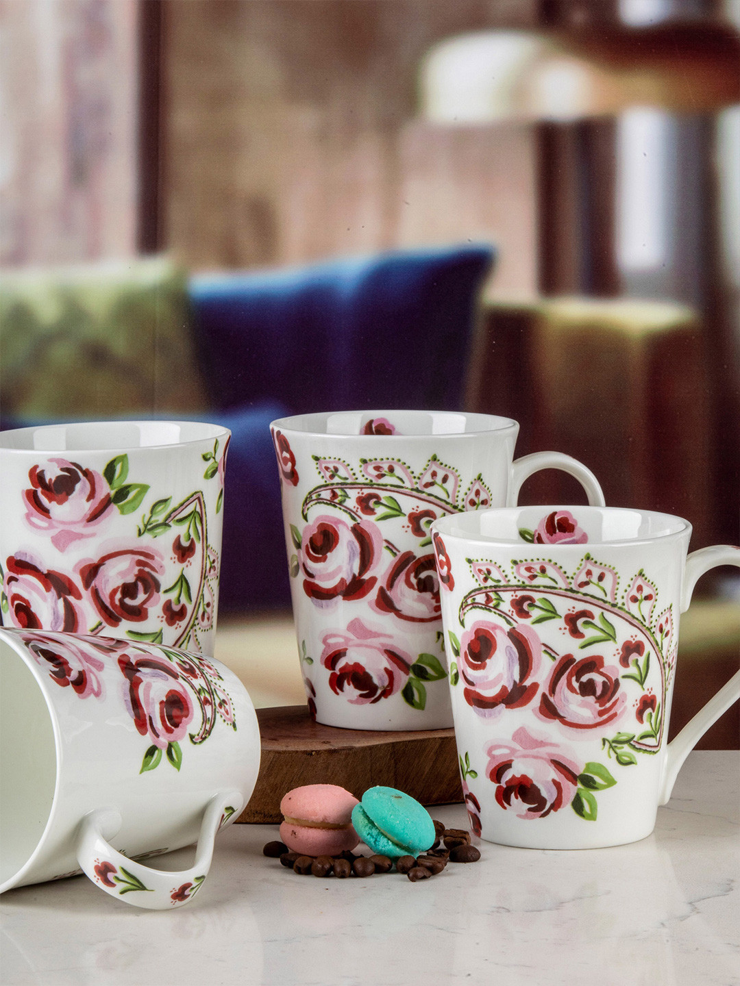 GOODHOMES Set of 4 White & Pink Floral Printed Bone China Glossy Mugs