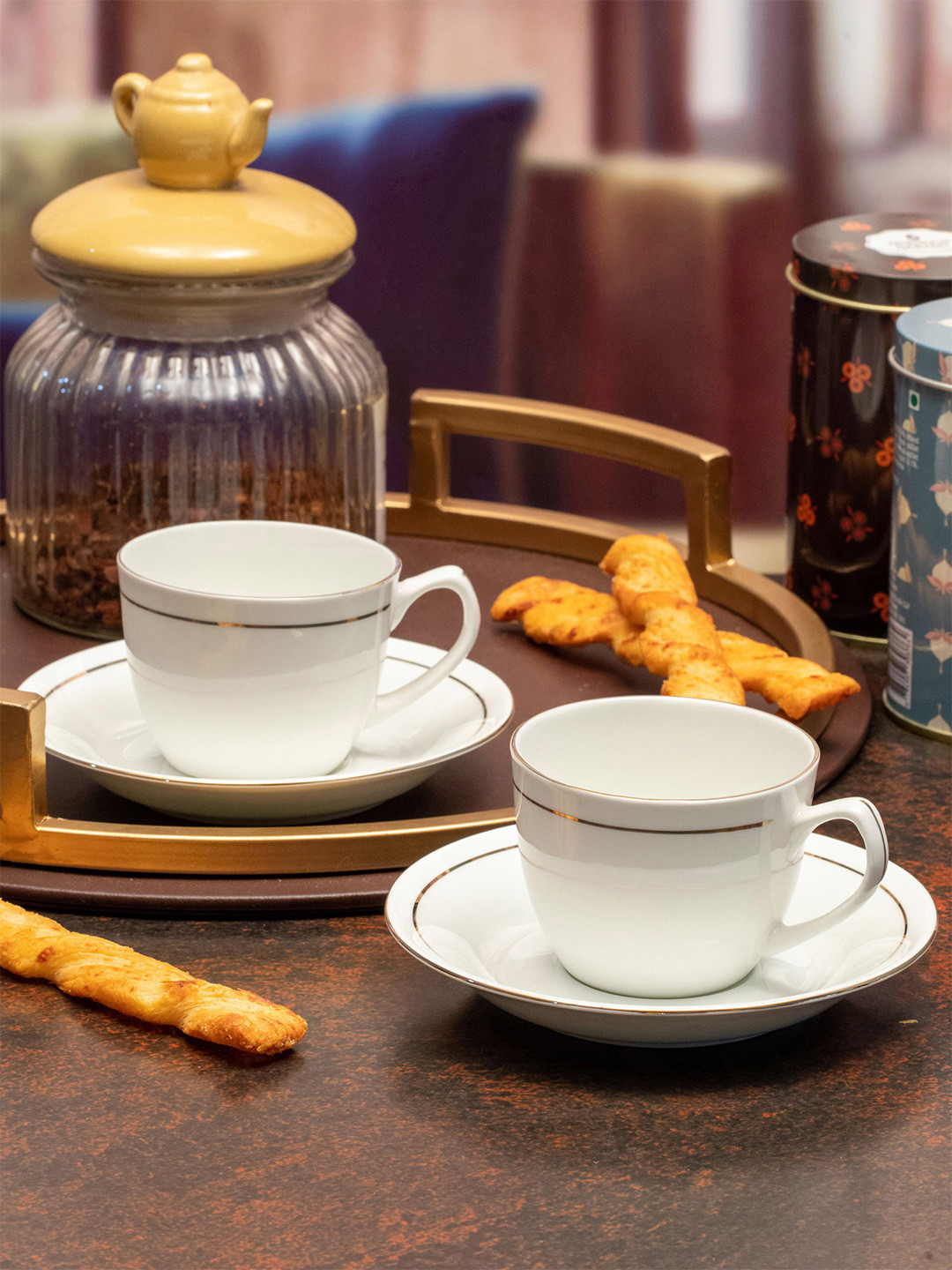 SONAKI Set of 12 White Bone China Cup & Saucer With Gold Rim