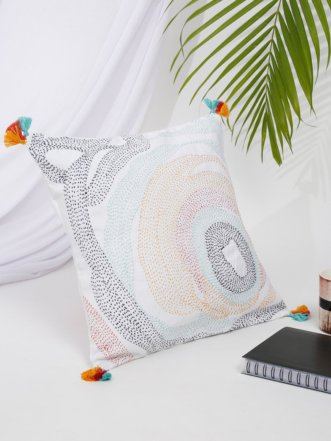 Fabindia White & Blue Geometric Rectangle Cushion Cover