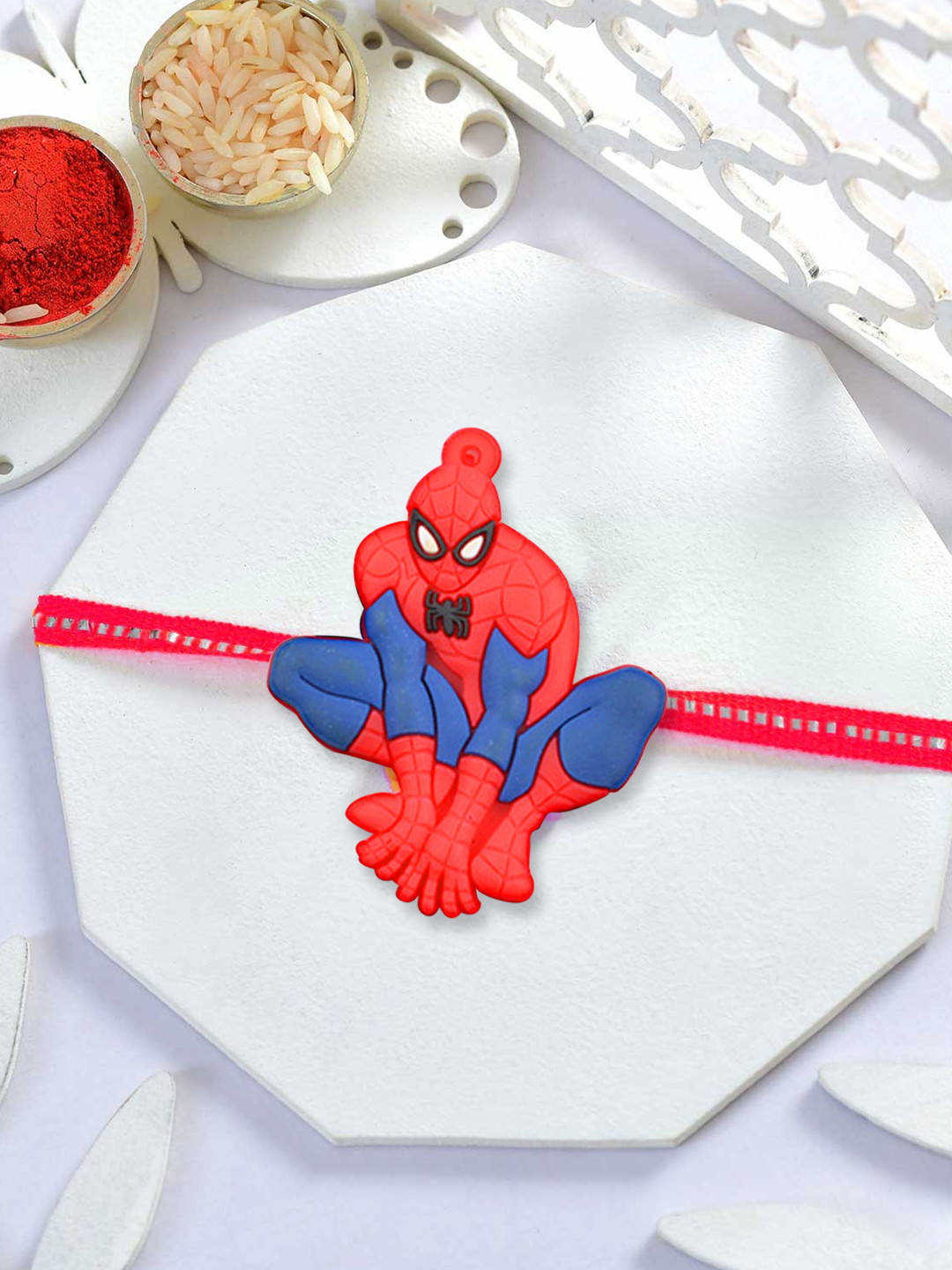TIED RIBBONS Blue & Red Kids Spiderman Rakhi with Roli Chawal