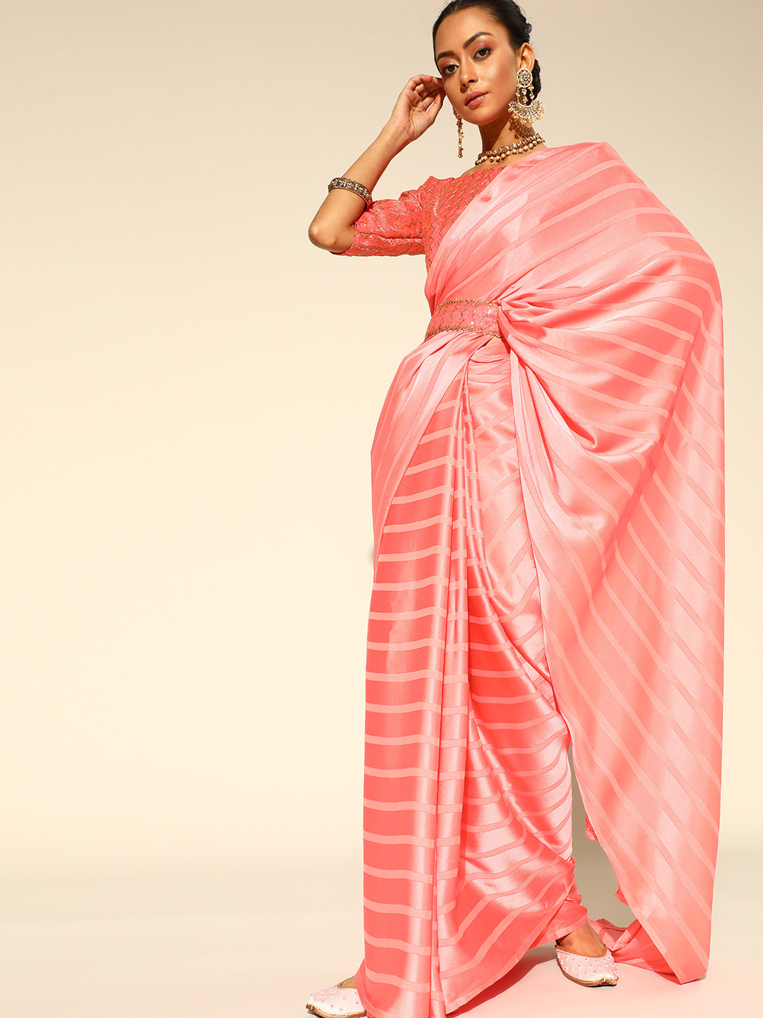 Saree mall Pink Striped Satin Party Wear Saree with Matching Blouse