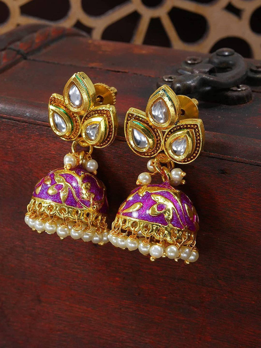 I Jewels Gold-Plated & Purple Pearl Studded Enamelled Dome Shaped Jhumkas Earrings